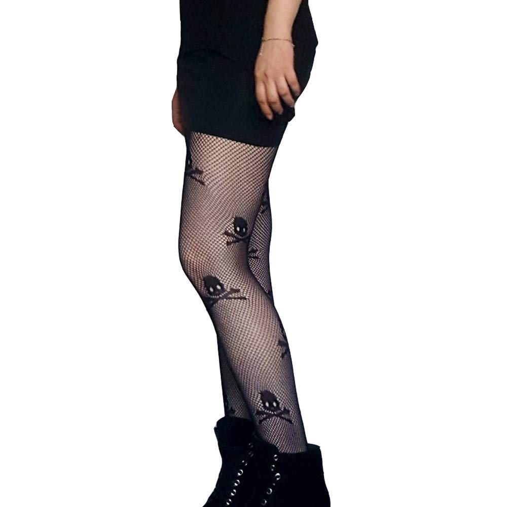 90s Gothic Skull Print Fishnet Stockings - Sheer Mesh Pantyhose for Halloween, Cosplay & Retro Fashion Outfits