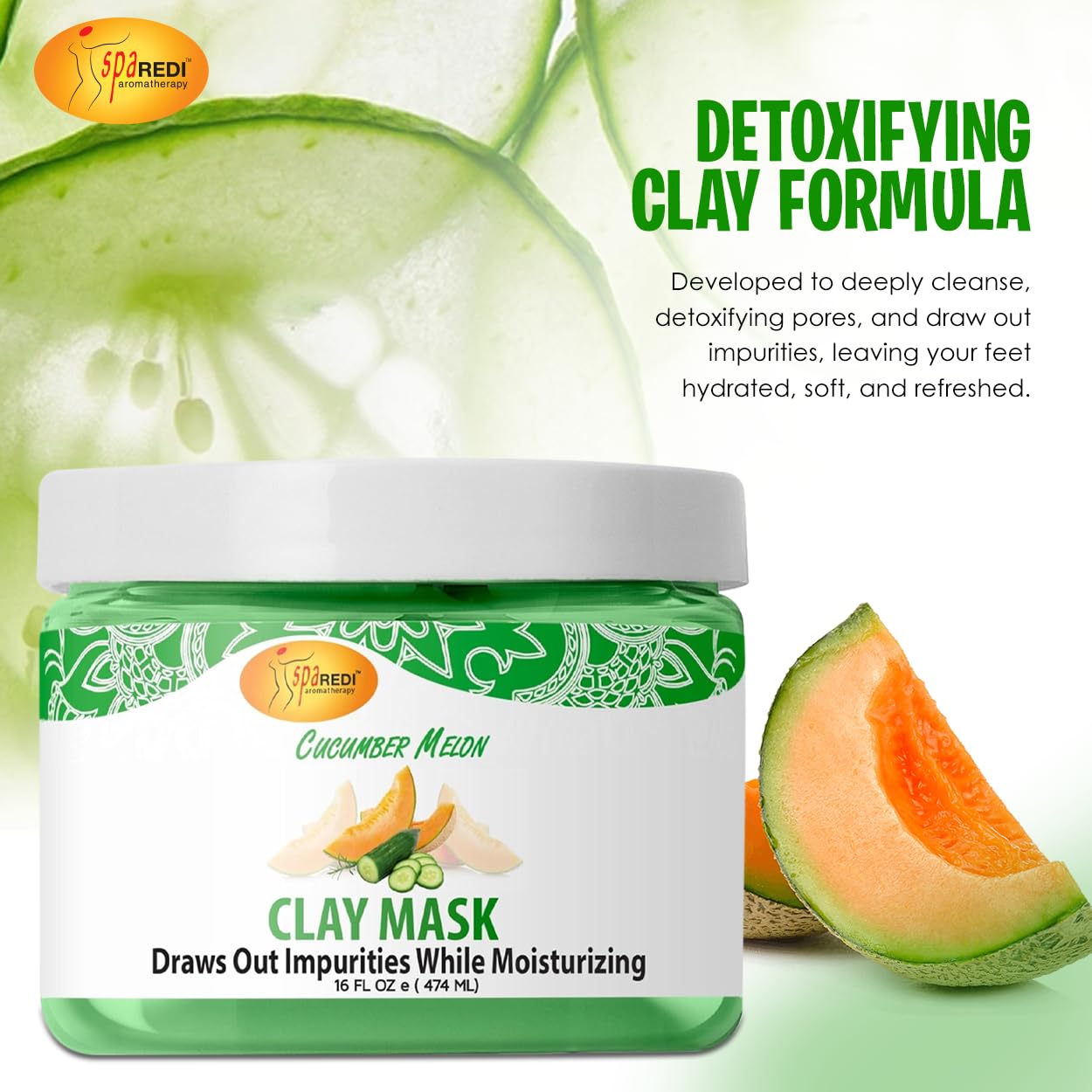 SPA REDI - Cucumber & Melon Clay Mask (16 Oz) - Deep Cleansing Body & Pedicure Treatment | Pore Purifying, Detoxifying & Hydrating Facial Mask for Glowing Skin | Perfect for Spa Days & At-Home Self Care Routines