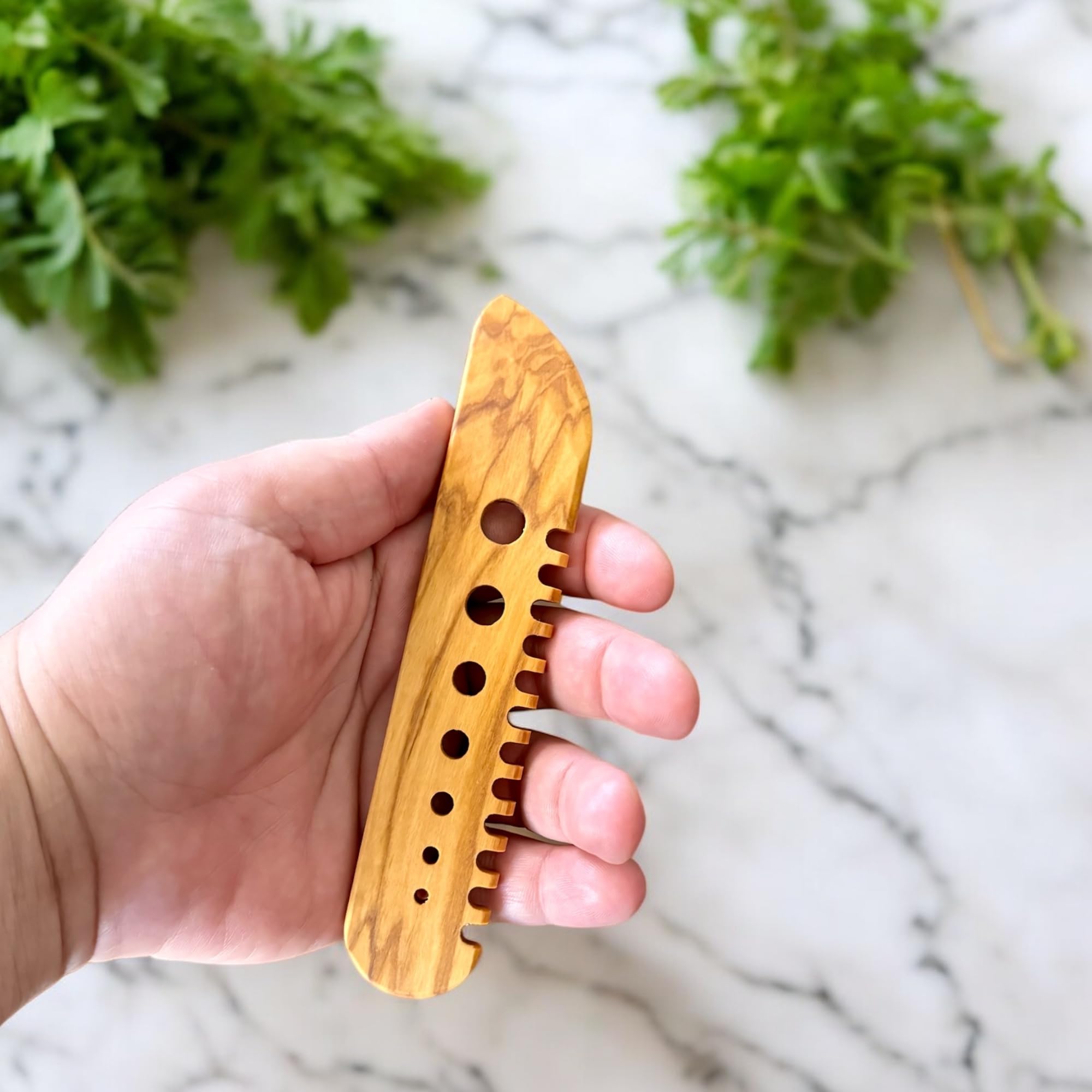 Olive Wood Herb Stripping Tool - Handmade Wooden Cutting Knife for Kitchen - Perfect for Chopping Herbs, Vegetables & Spices - Ideal for Home Chefs & Cooking Enthusiasts