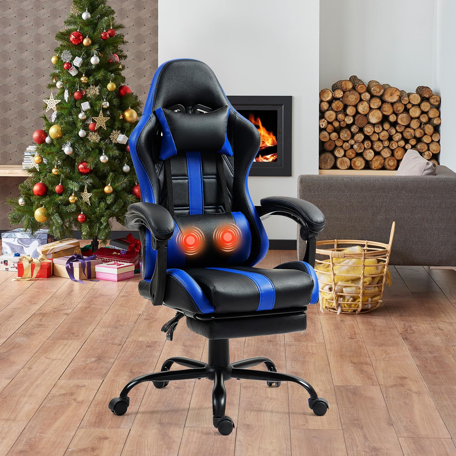 Ergonomic Massage Gaming Chair with Adjustable Footrest & Lumbar Support - PU Leather Office Computer Chair with 360° Swivel & Height Adjustment - Perfect for Home Office, Gaming Setup & Workstation Comfort (Blue)