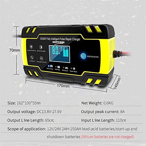 KKHouse 12V-24V 8A Smart Car Battery Charger with LCD Display - Automatic Charging for Wet/Dry Lead Acid Batteries - Ideal for Automotive, Marine, RV & Power Equipment Maintenance