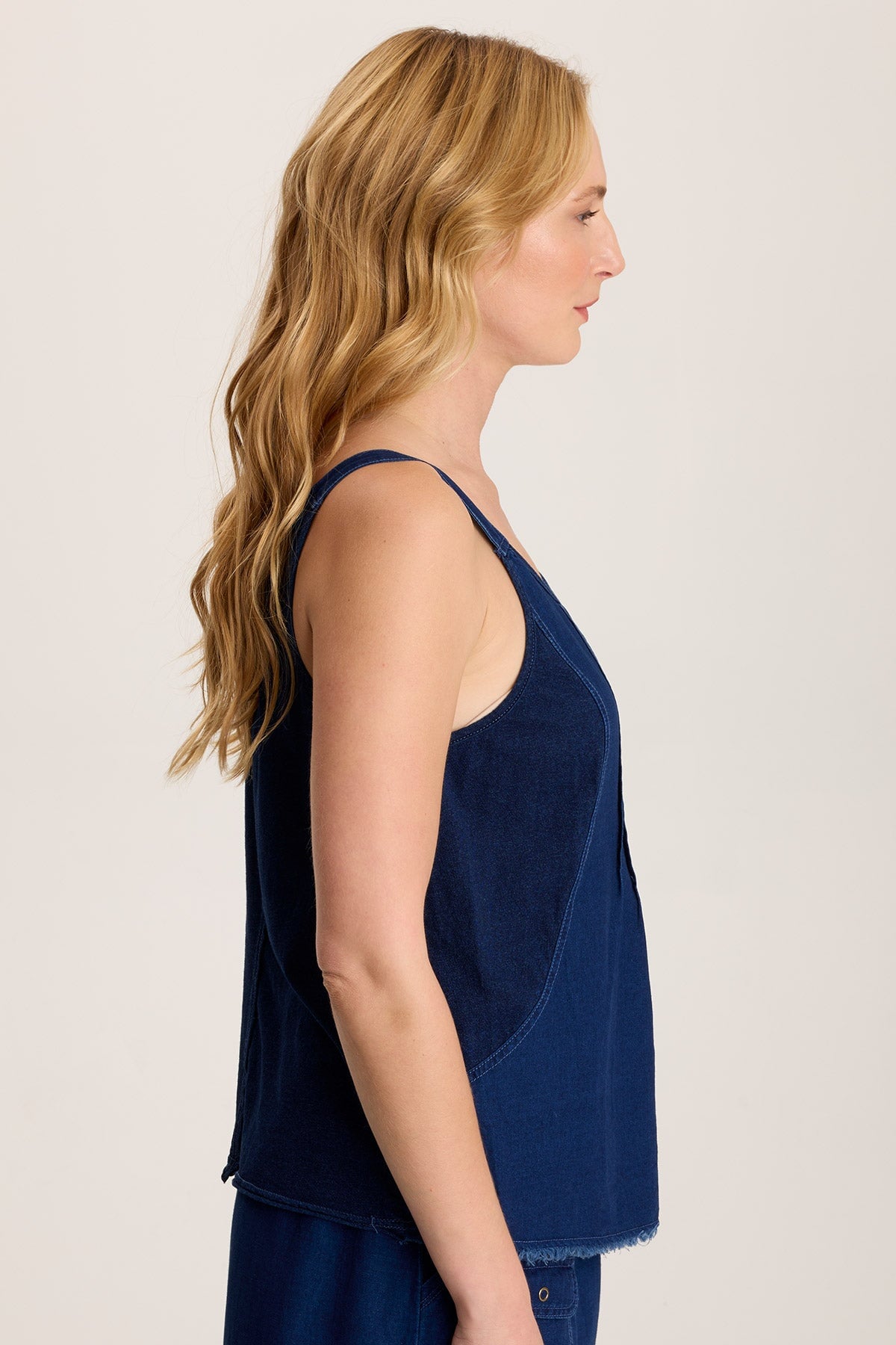 Norelle Women's Flowy Pintuck Mock Denim Twill Tank Top - Casual Summer Blouse for Beach, Office & Everyday Wear