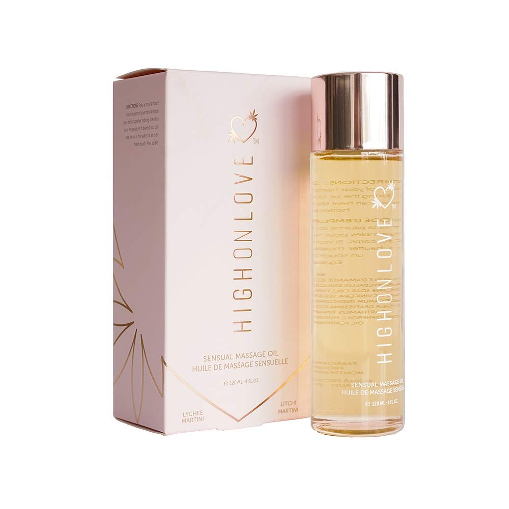 HighOnLove Sensual Massage Oil with Hemp Seed Oil - 120ml Natural Relaxing Body Massage Oil for Couples (Lychee Martini Scent) - Perfect for Romantic Nights & Spa Treatments