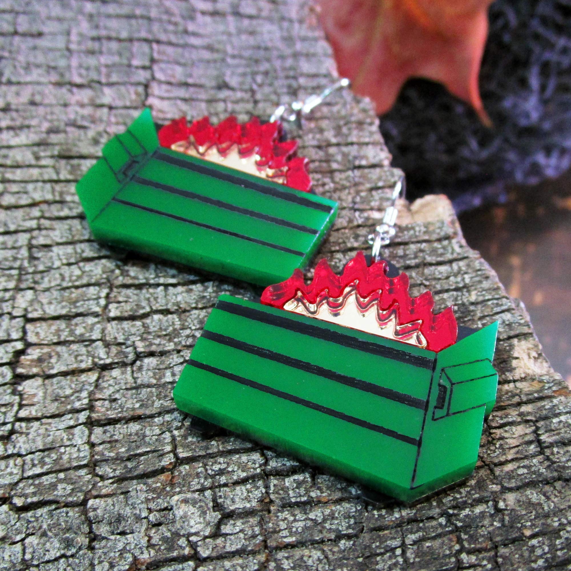 Funny Green Dumpster Fire Burning Trash Garbage Dangle Earrings - Unique Novelty Jewelry for Women - Perfect for Costume Parties, Gifts & Statement Fashion