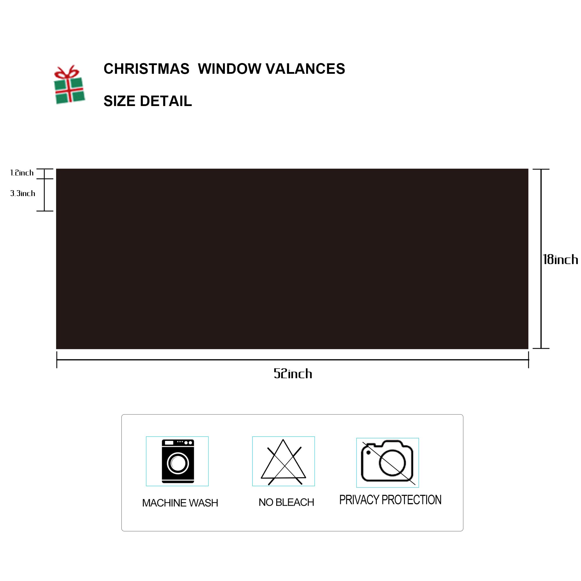 2 Panels Black Christmas Window Valances - 52x18 Inch Kitchen Short Curtains with Rod Pocket for Bathroom & Laundry Room Decor - Holiday Home Decoration for Windows, Doors and Festive Parties