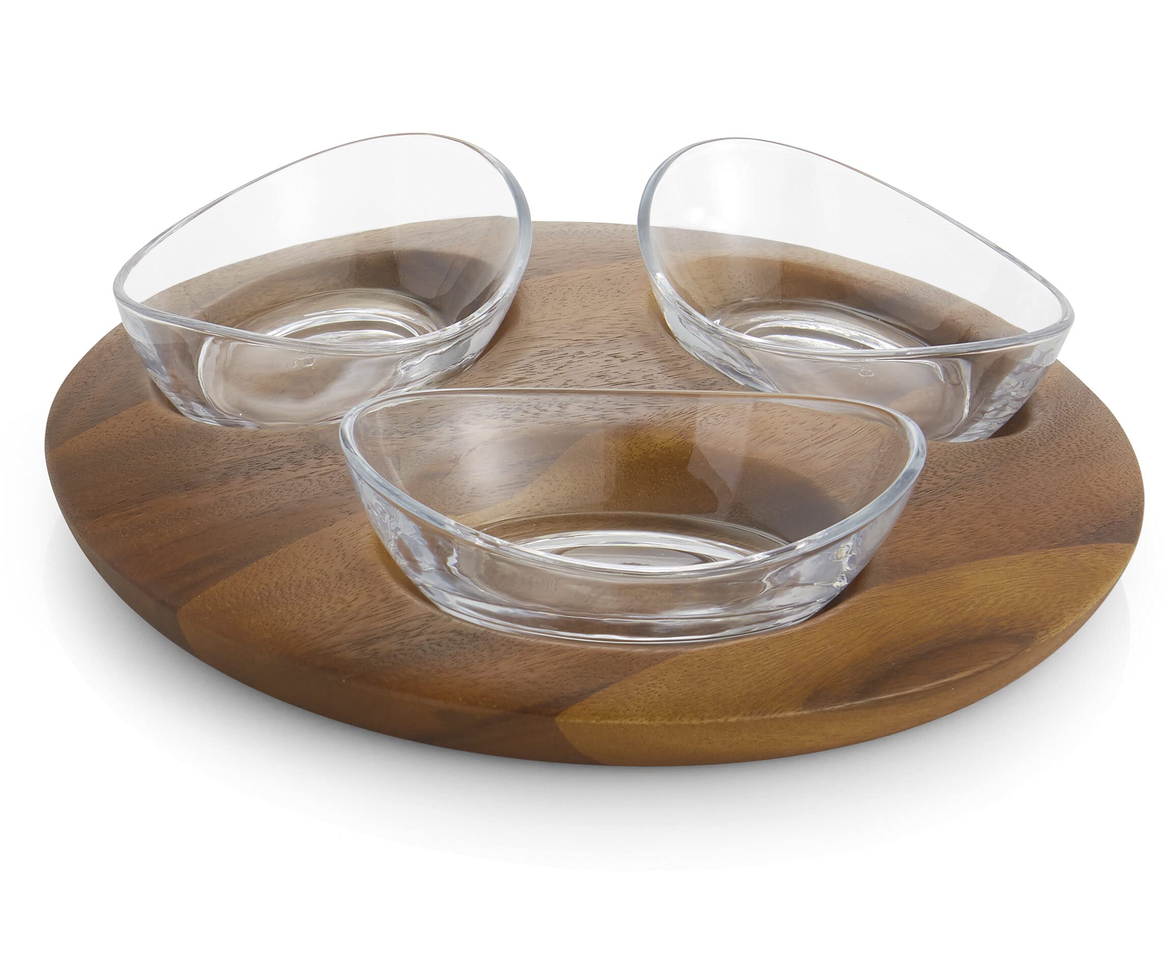 Nambe Vie 3-Piece Condiment Server Set with Acacia Wood Tray & Glass Bowls - Perfect for Serving Nuts, Olives, Dips & Snacks - Elegant Entertaining & Party Serving Dish (12.5