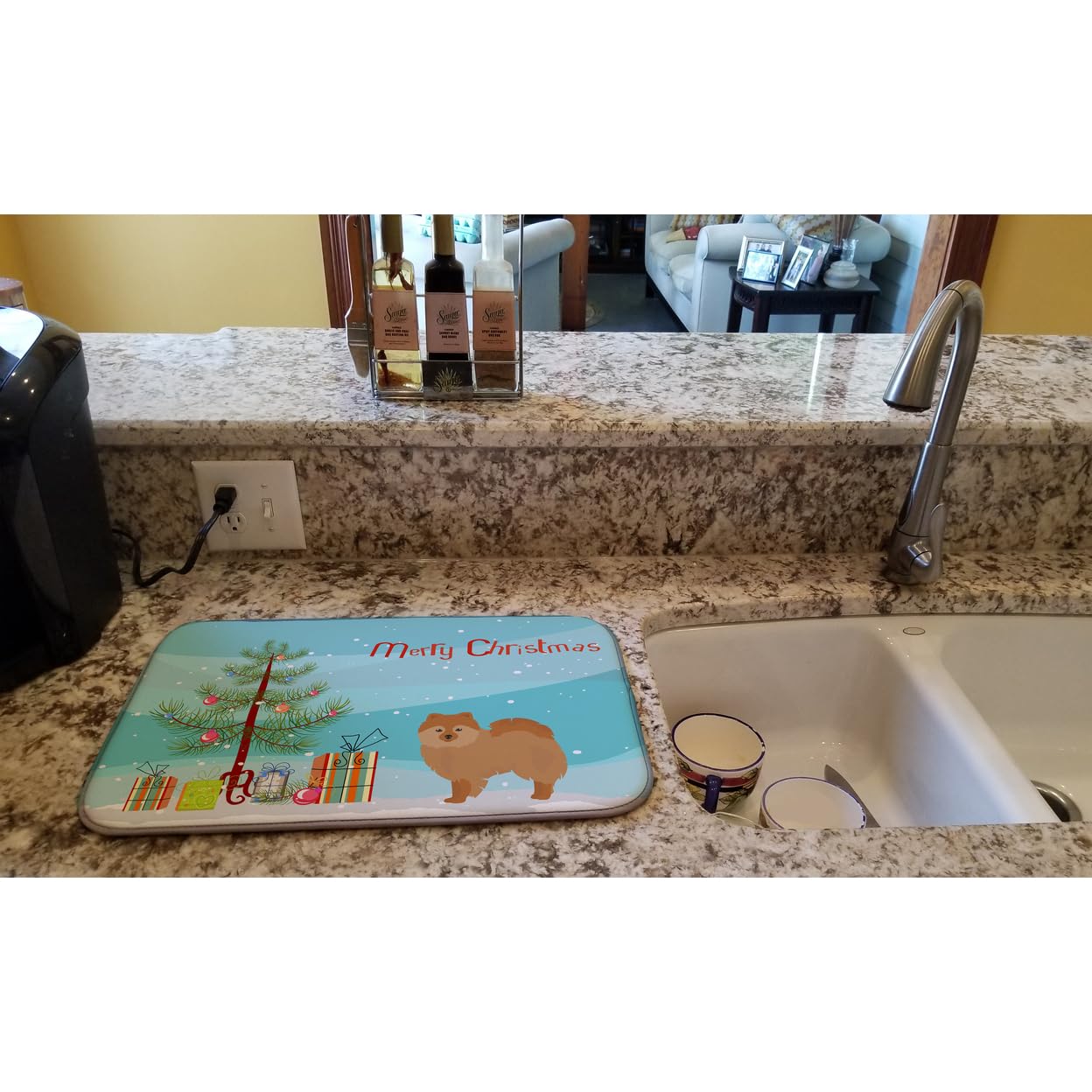 German Spitz Christmas Dish Drying Mat - Absorbent Kitchen Counter Pad for Holiday Decor & Dishes