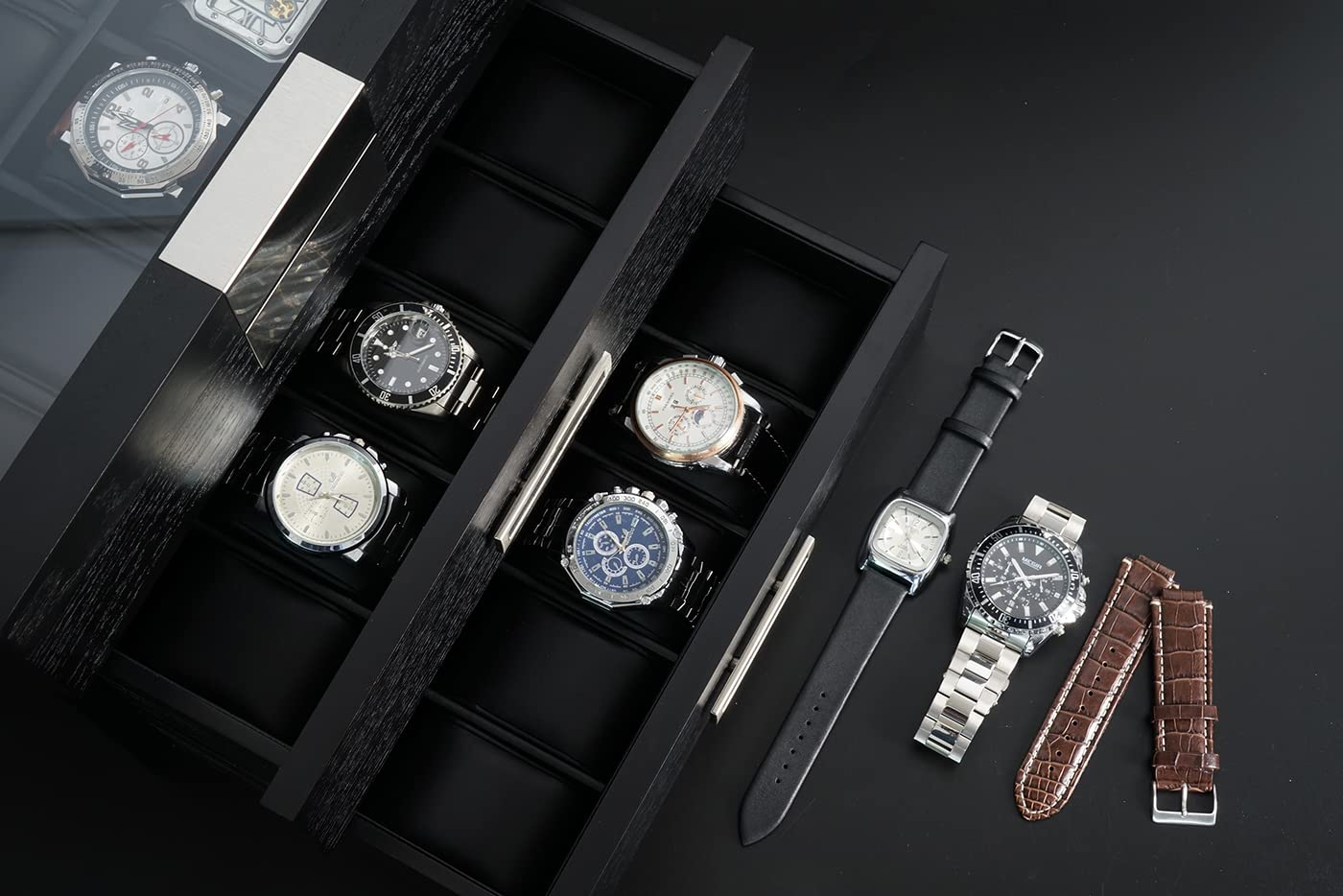 Premium 30-Slot Black Ebony Wood Watch Display Case with Glass Top - 3-Tier Jewelry Organizer with Stainless Steel Accents & 2 Drawers - Perfect for Watch Collections, Jewelry Storage & Retail Store Displays