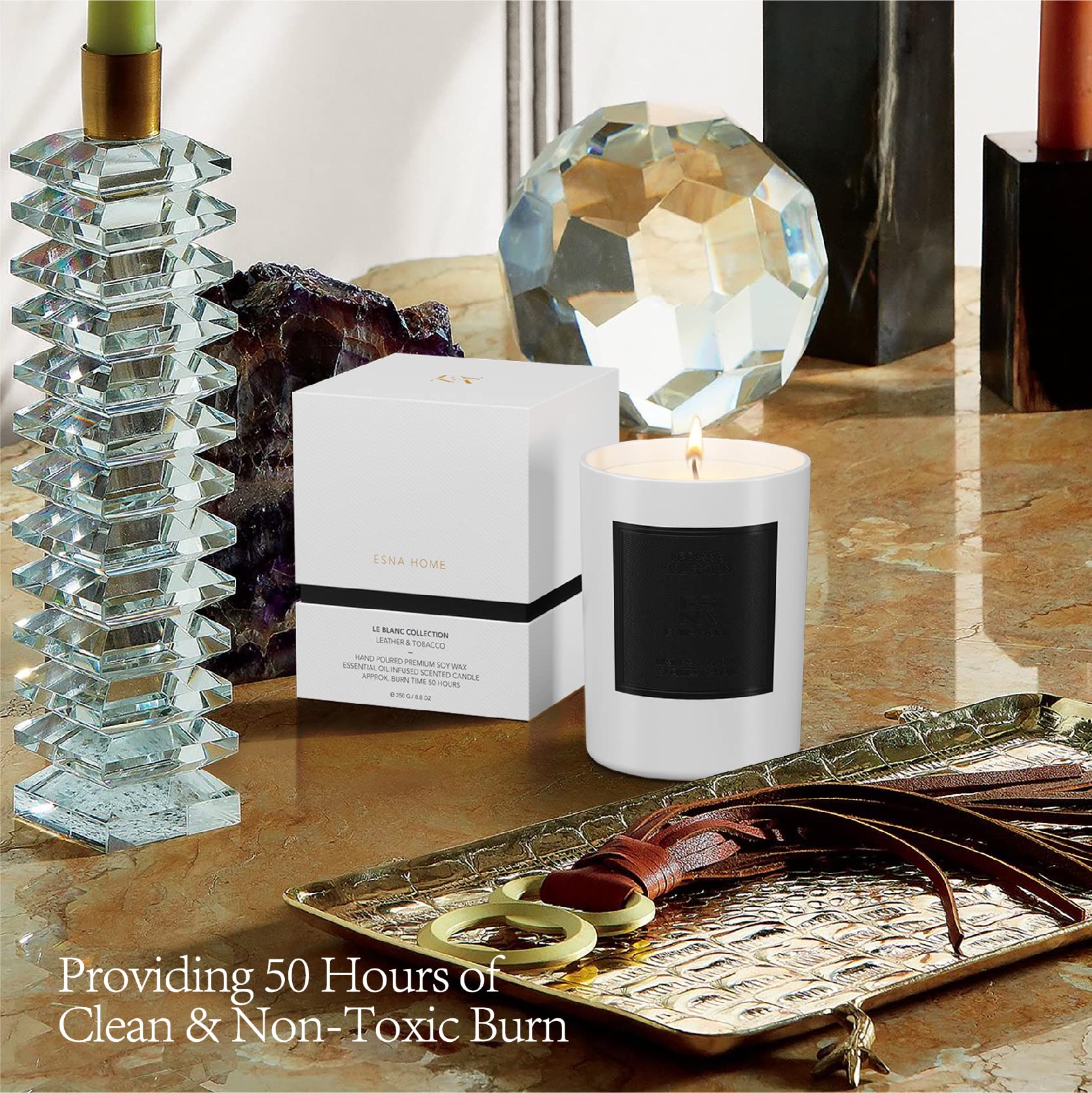 ESNA HOME Leblanc Leather & Tobacco Scented Soy Candle - 8.8oz All Natural Essential Oils Aromatherapy Candle - 50 Hours Burn Time - Perfect for Mother's Day Gifts, Home Decor & Relaxation