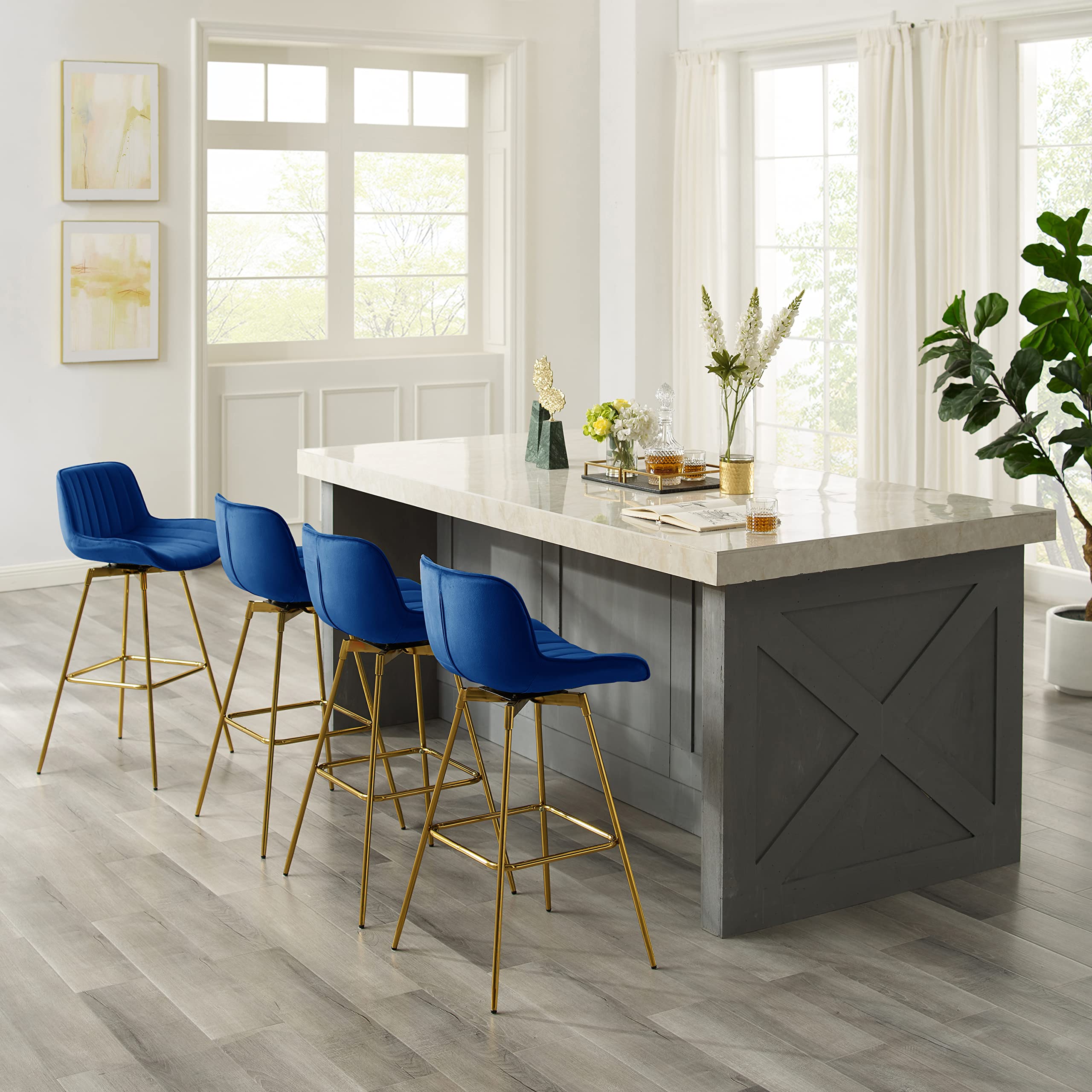 Zouron Swivel Bar Stools Set of 2 - Counter Height Kitchen Island Stools with Back & Gold-Plated Metal Legs, Velvet Upholstered Bar Chairs in Blue - Perfect for Kitchen, Dining Room & Home Bar Decor
