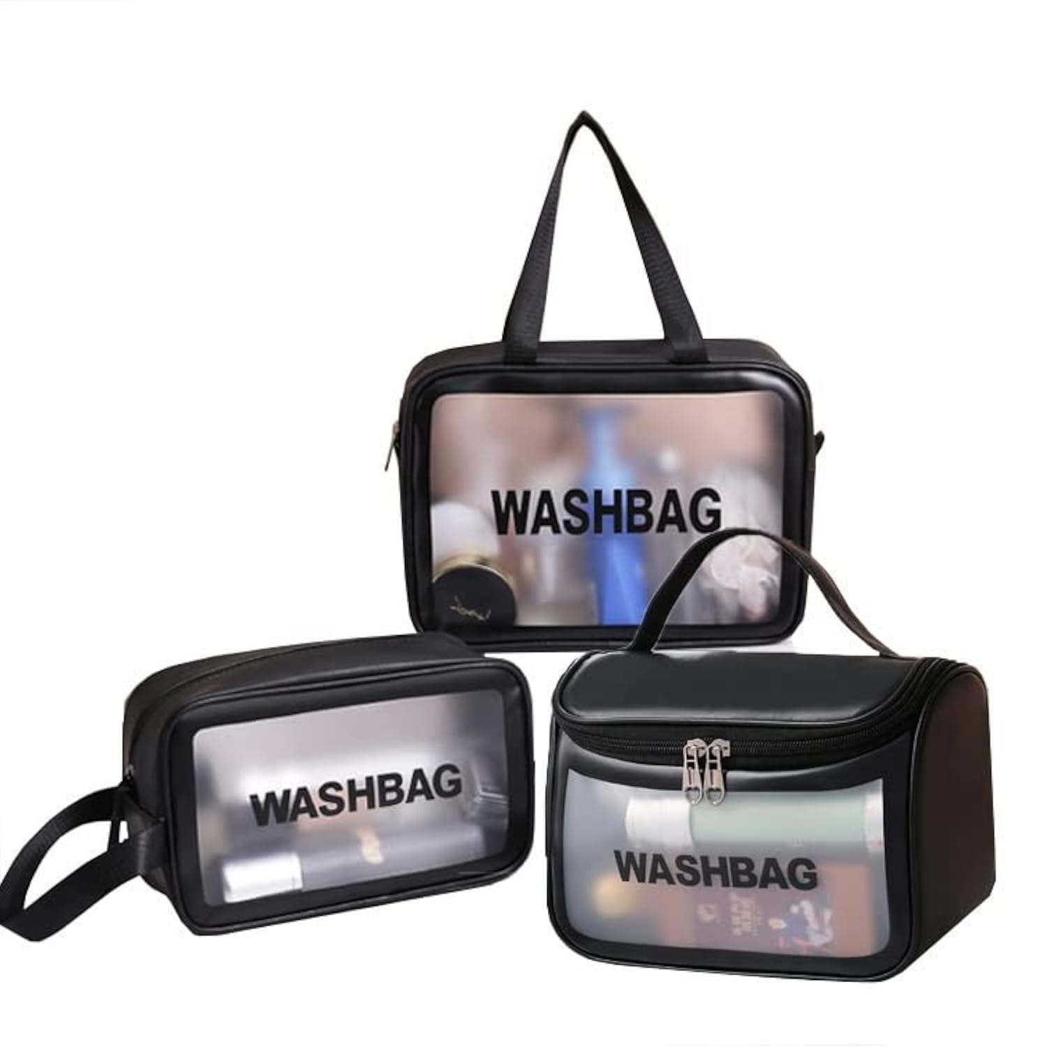 Nightstar Clear PVC Zipper Cosmetic Travel Wash Bag - Waterproof Toiletry & Makeup Organizer Pouch for Women & Girls (3-Pack, Black) - Perfect for Travel, Gym, and Daily Essentials Storage