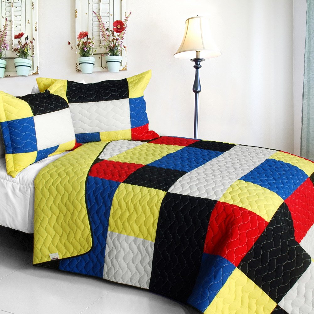 Fantastic Beauty Vermicelli-Quilted Patchwork Plaid Quilt Set Full/Queen Size - Cozy Bedding for Winter Nights & Farmhouse Bedroom Decor