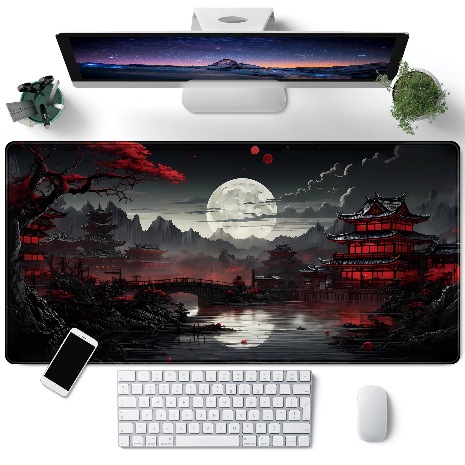 Japanese Riverside Full Moon Extended XXL Desk Mat - 31.5 x 15.7 Inch Large Gaming Mouse Pad & Keyboard Mat in Black & Red - Perfect for Office, Gaming Setup, and Laptop Computer Workstation Decor