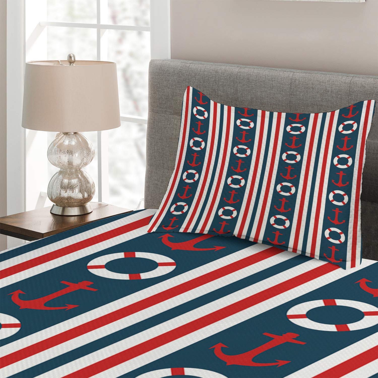 Ambesonne Nautical Twin Size Quilted Bedspread Set - 2 Piece Decorative Coverlet with Pillow Sham, Maritime Stripes Design Featuring Steering Wheel & Anchor Patterns in Indigo Red White - Perfect for Coastal Themed Bedrooms, Guest Rooms & Nautical Decor