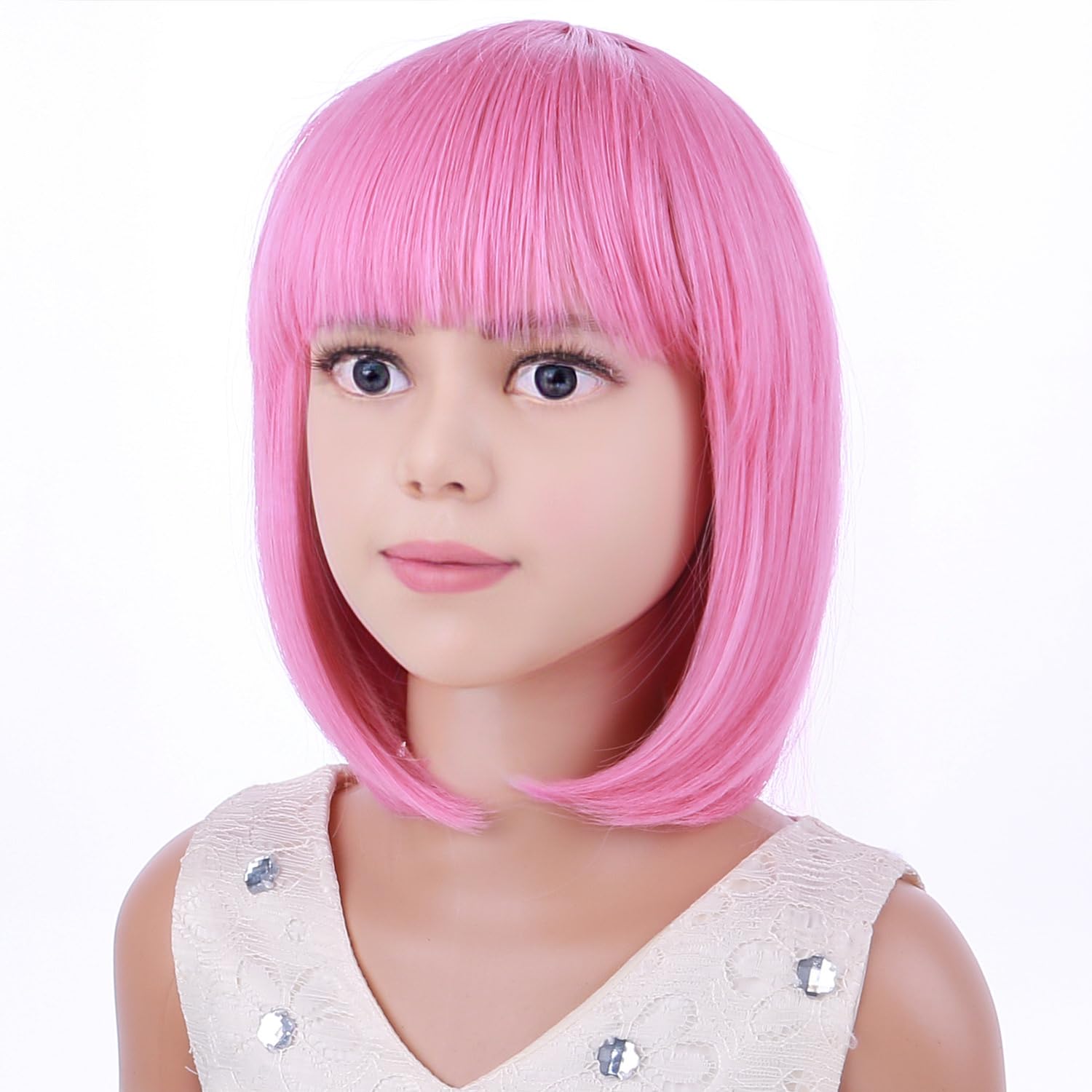 Kids Pink Bob Wig with Bangs - Short Synthetic Wig for Girls with Wig Cap | Perfect for Halloween, Cosplay, Dress-Up & Birthday Parties