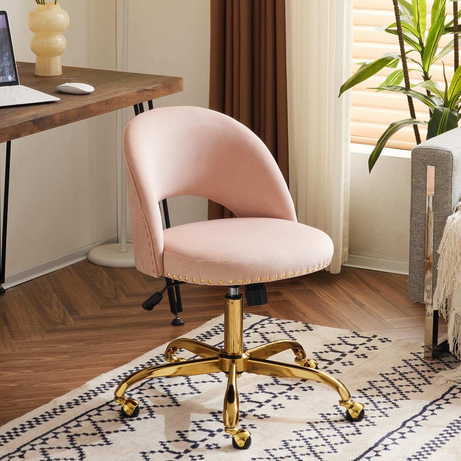 VINGLI Modern Velvet Small Office Chair with Wheels - Gold Base & Studs, Comfortable Armless Swivel Task Chair for Women, Girls & Kids - Perfect for Study, Dorm, Bedroom & Small Spaces (Pink) | Ideal for Home Office, Vanity Desk & Nail Technician Workstation
