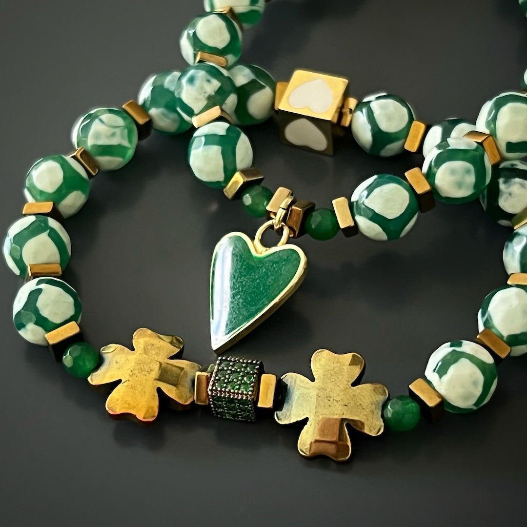 Clover Leaf Green Heart Beaded Bracelet Set for Women - Lucky Charm Friendship Jewelry Gift for Best Friend, Birthday, Anniversary (Boho Style, Adjustable) | Perfect for Everyday Wear, Parties & Special Occasions