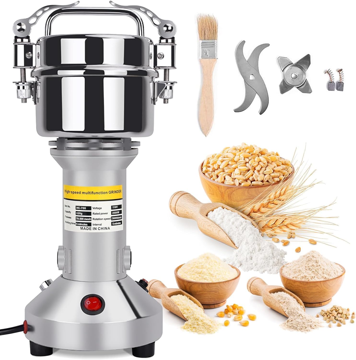 Electric Grain Mill Grinder 150g - 28000 RPM High Speed Stainless Steel Dry Cereal Grinder for Flour, Wheat, Herbs & Spices - Perfect for Home Baking, Coffee Grinding & Healthy Cooking