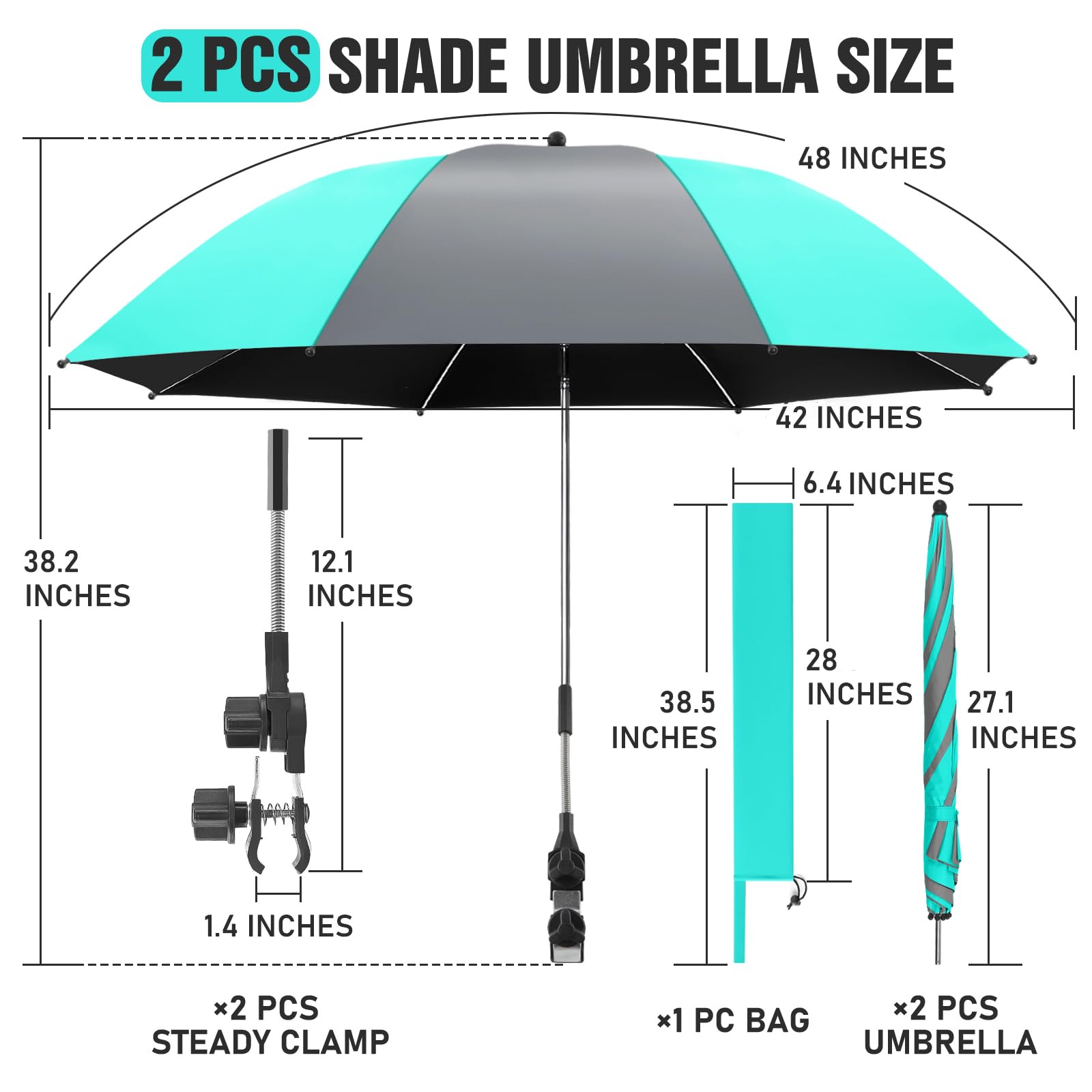 2 Pack 360° Adjustable Chair Umbrella with Universal Clamp - UPF50+ Sun Shade for Outdoor Chairs, Beach Loungers & Patio Furniture - Perfect for Poolside Relaxation, Backyard BBQs and Beach Vacations