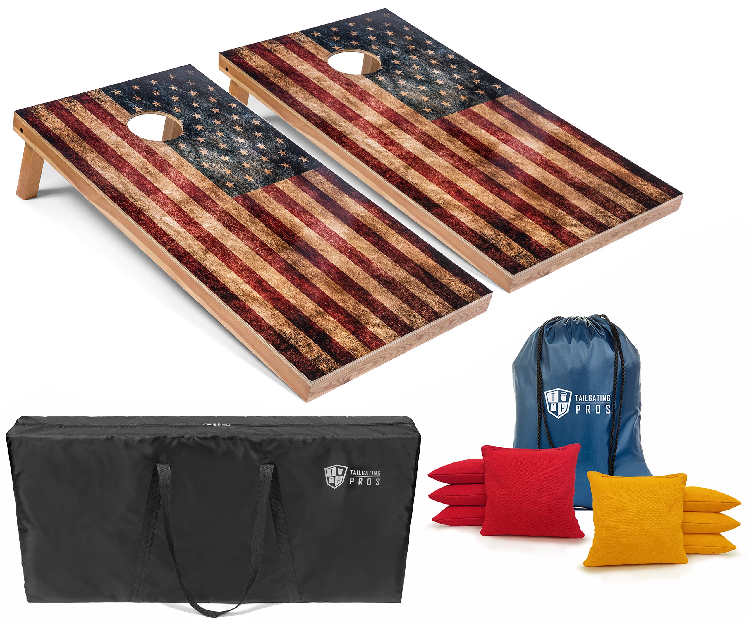 Rustic American Flag Cornhole Boards Set with Bean Bags - 4'x2' Distressed Wooden Cornhole Game for Outdoor Tailgating, Backyard Parties & BBQ Events - Includes Carrying Case & 8 Regulation Cornhole Bags