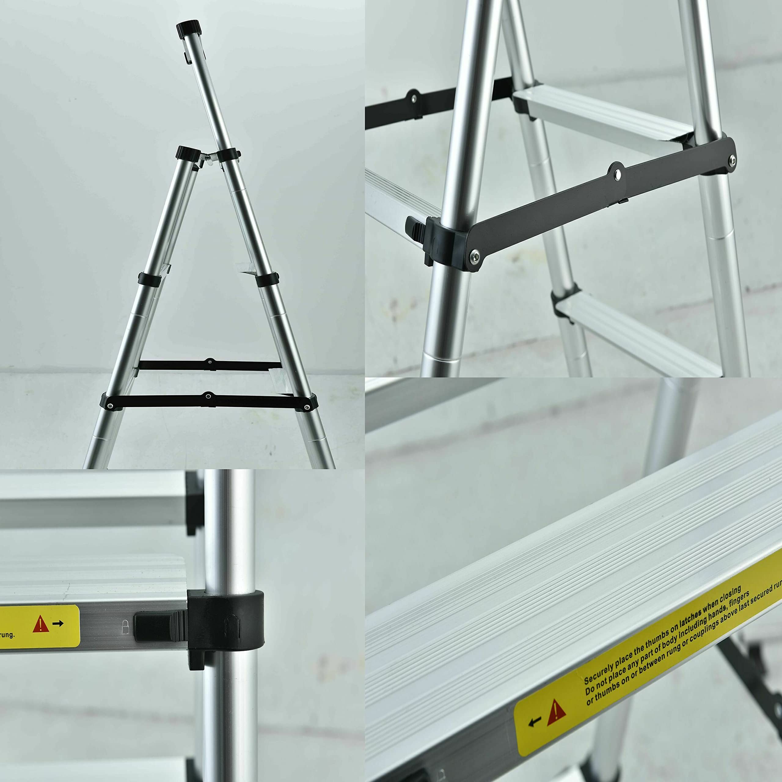 Heavy Duty Telescoping Ladder 150kg Capacity - 4 Step Aluminum A-Frame Ladder with 5 Folding Handgrip & Wide Platform for Home, Office, Warehouse - Perfect for Window Cleaning, Painting, Roof Work & DIY Projects
