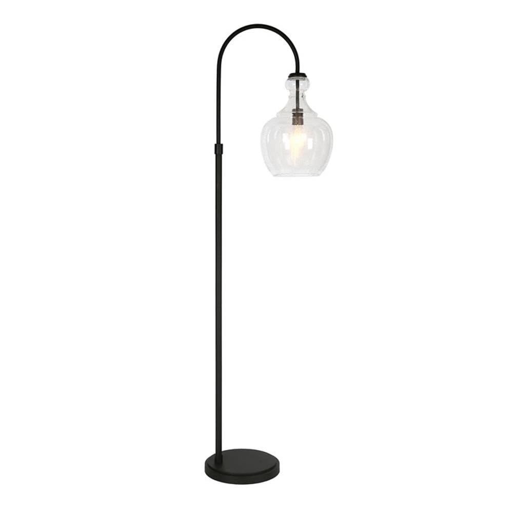 Black Bronze Metal Arc Floor Lamp with Seeded Glass Shade - Modern Industrial Lighting for Living Room, Bedroom & Office Decor