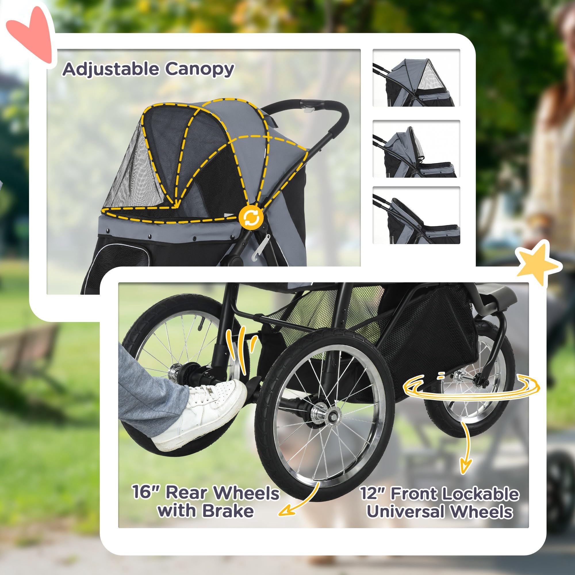 PawHut Foldable Pet Stroller for Small & Medium Dogs & Cats - 3 Large Wheels Jogger with Adjustable Canopy, Safety Tether, Cushion & Storage Basket - Gray | Perfect for Walking, Jogging & Outdoor Adventures with Your Pet