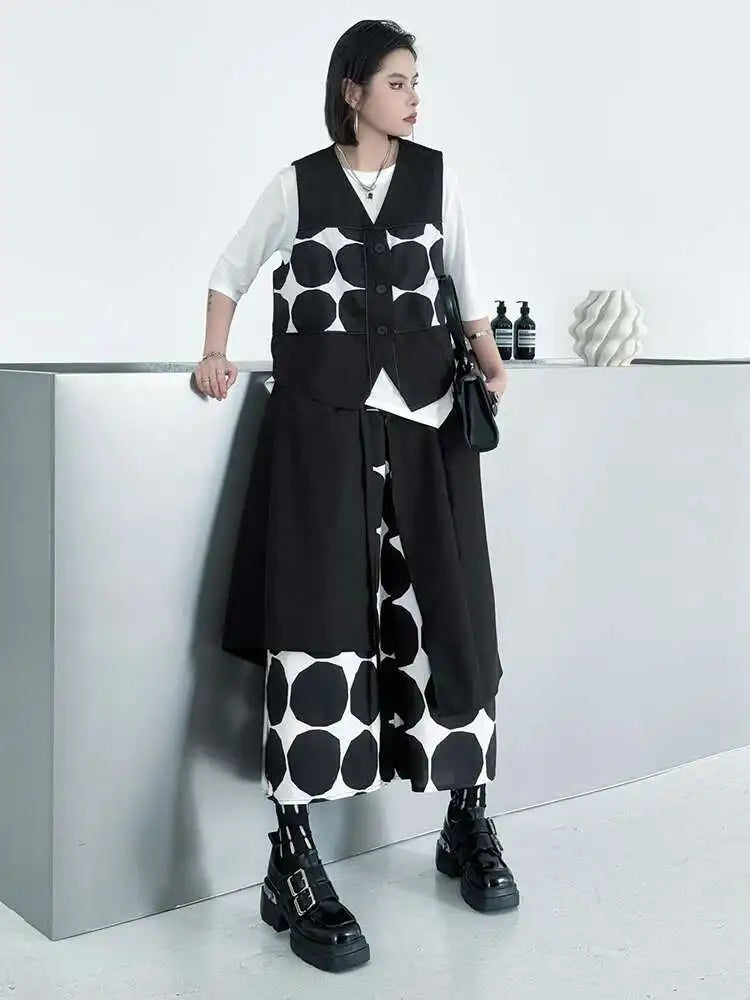 Plus Size Black Polka Dot Vest & Wide Leg Pants 2-Piece Set - Women's Fashion V-Neck Sleeveless Outfit for Spring/Fall 2025 | Office Wear, Casual Chic, Party Outfit