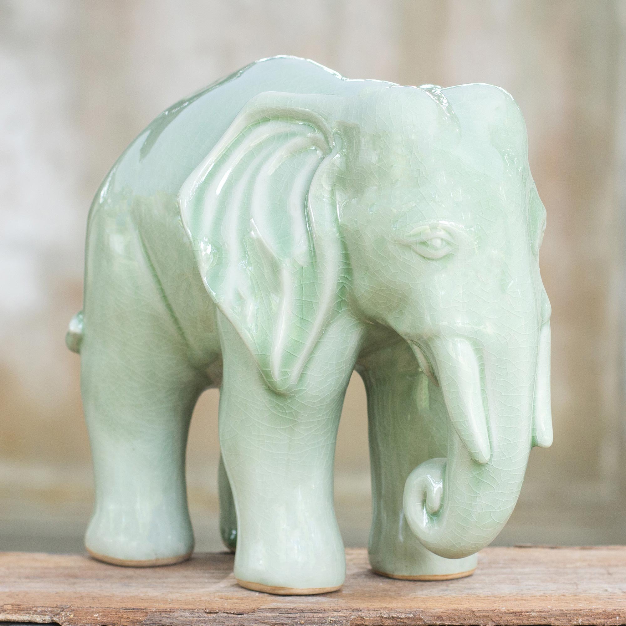 Handmade Green Celadon Ceramic Elephant Sculpture - 9.25 Inch Tall Good Luck Statue for Home Decor | Feng Shui Gift & Office Desk Ornament