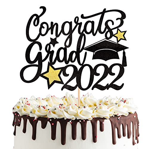 2022 Graduation Cap Cake Topper - Glitter Class of 2022 Cake Decorations for Graduation Party Supplies (1 Pack, Black) | Perfect for Graduation Cakes, Cupcakes, and Dessert Table Decor