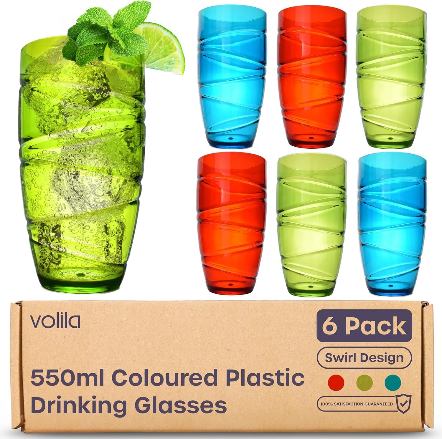 Volila 6-Pack Shatterproof Acrylic Drinking Glasses - Reusable Plastic Tumblers for Parties, Picnics & Daily Use - Colorful Stackable Cups (Great for BBQs, Outdoor Events & Home Entertaining)