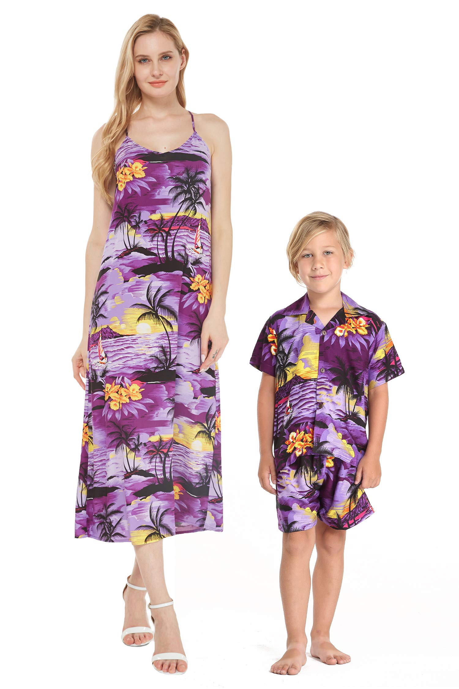 **Hawaiian Luau Matching Mother and Son Shirts - Tropical Sunset Print Maxi Dress for Boys - Perfect for Beach Parties, Family Vacations & Summer Events**