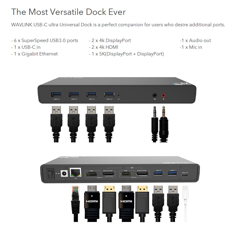 WAVLINK USB-C Docking Station with 2X HDMI & DisplayPort, 5K & Dual 4K Display, 6xUSB 3.0 Ports, Gigabit Ethernet, Audio/Mic - Compatible with Mac OS & Windows Laptops - Perfect for Home Office & Multi-Monitor Setup