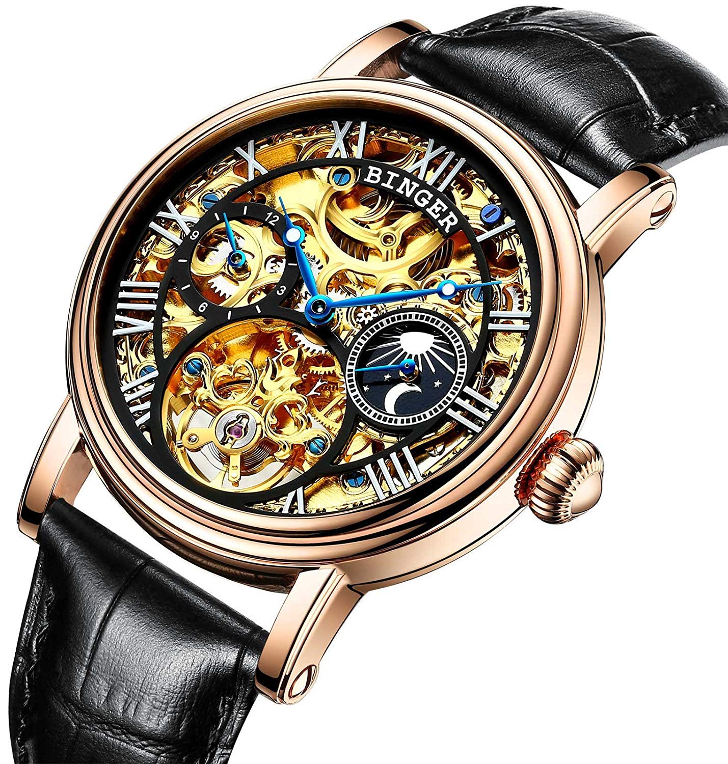 MASTOP Automatic Skeleton Watch for Men - Gold & Silver Stainless Steel Case with Black Leather Band - Luxury Mechanical Timepiece for Business, Formal & Casual Wear