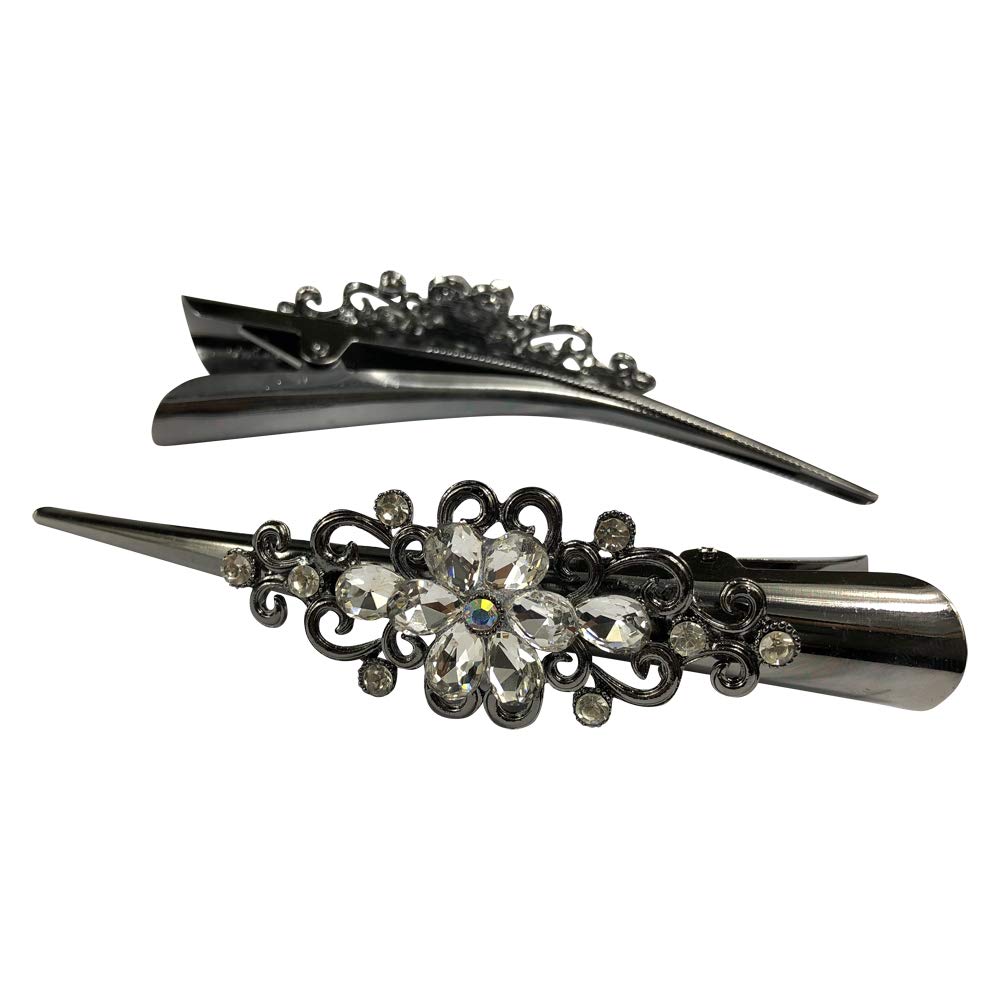 Vintage Large Metal Hair Clips - Floral Duck Bill Barrettes with Rhinestones & Teeth for Women | Hair Pins & Slides | Elegant Hair Jewelry Accessories (White) | Perfect for Weddings, Parties & Everyday Styling