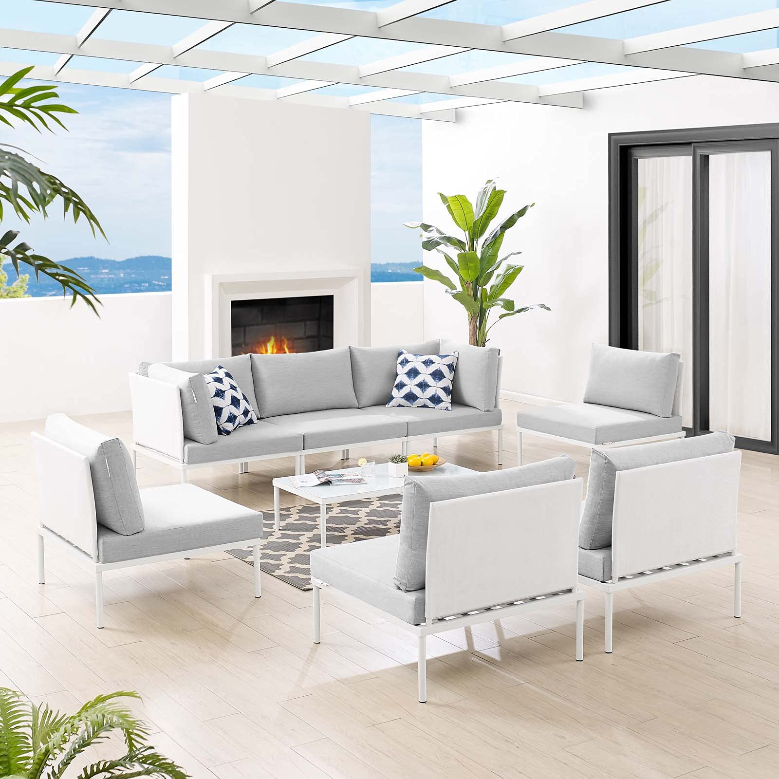 Modern Outdoor Patio Lounge Sectional Sofa Set with Chair & Table - Aluminum Frame in White & Gray - Perfect for Backyard, Poolside & Garden Relaxation