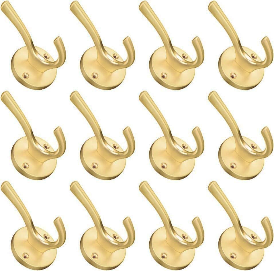 ZUONAI 12 Pack Brushed Gold Wall Hooks - Heavy Duty Metal Coat Hooks for Hanging Coats, Hats & Towels - Double Hooks for Bedroom, Bathroom & Entryway - Durable Key Hanger & Wall Mounted Organizer (Perfect for Home, Office & Dorm Decor)