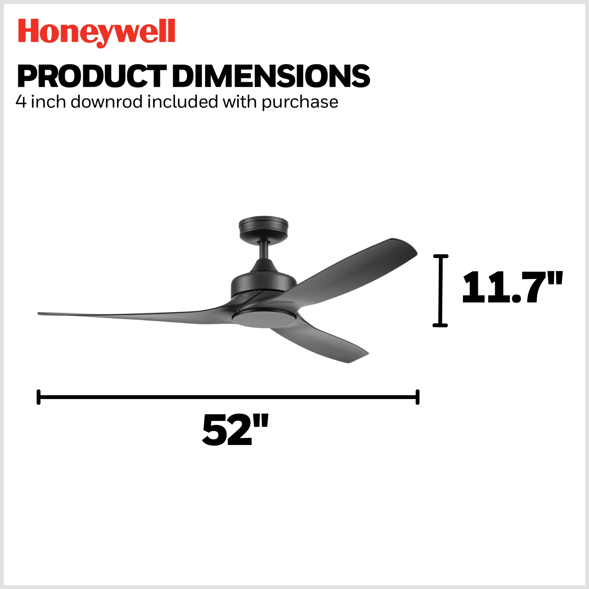 52 Inch Honeywell Lynton Matte Black Ceiling Fan - No Light, Remote Control Included - Perfect for Living Room, Bedroom, and Outdoor Patio Cooling