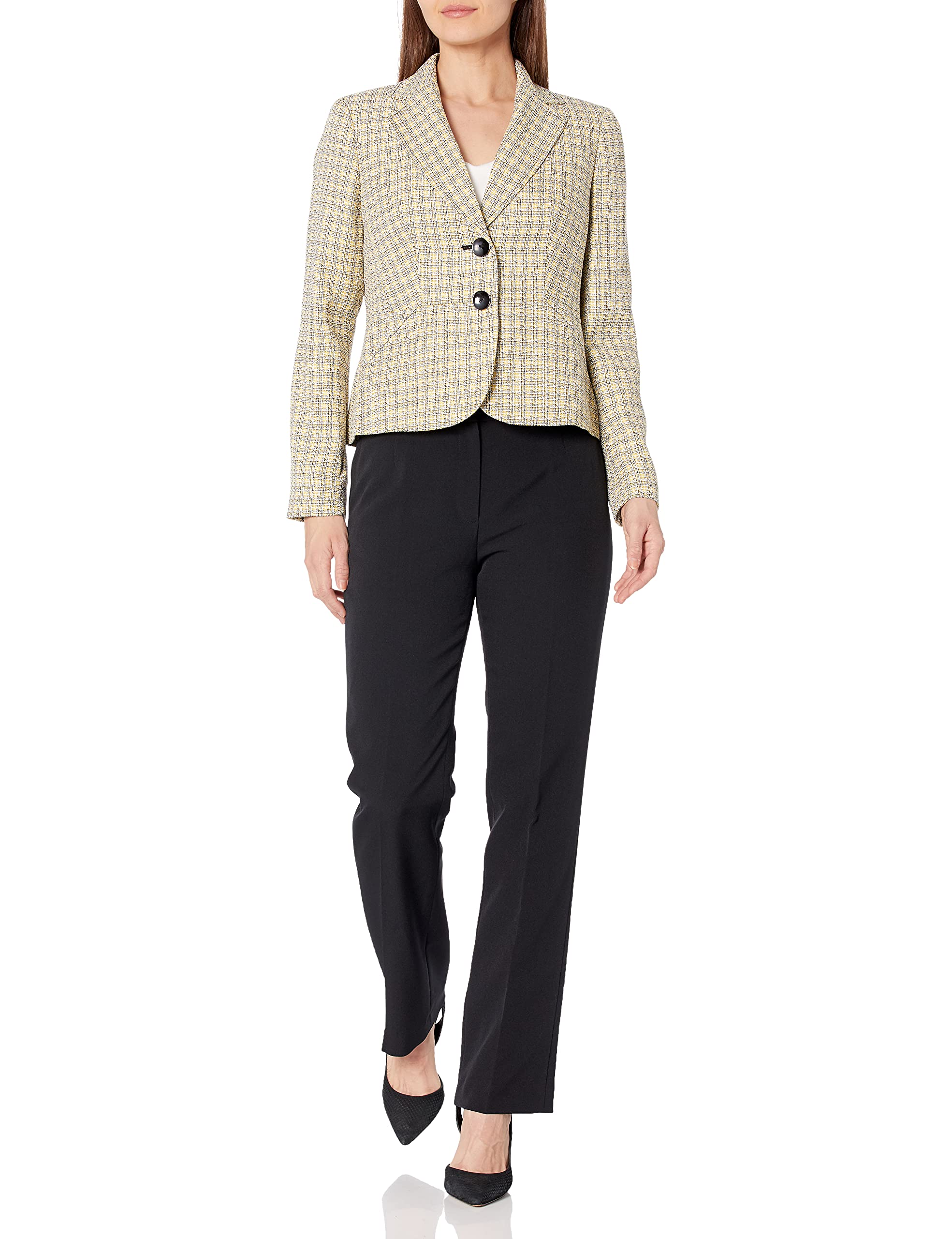 Women's 2-Button Notch Collar Textured Plaid Pant Suit - Professional Office Wear & Business Attire for Women