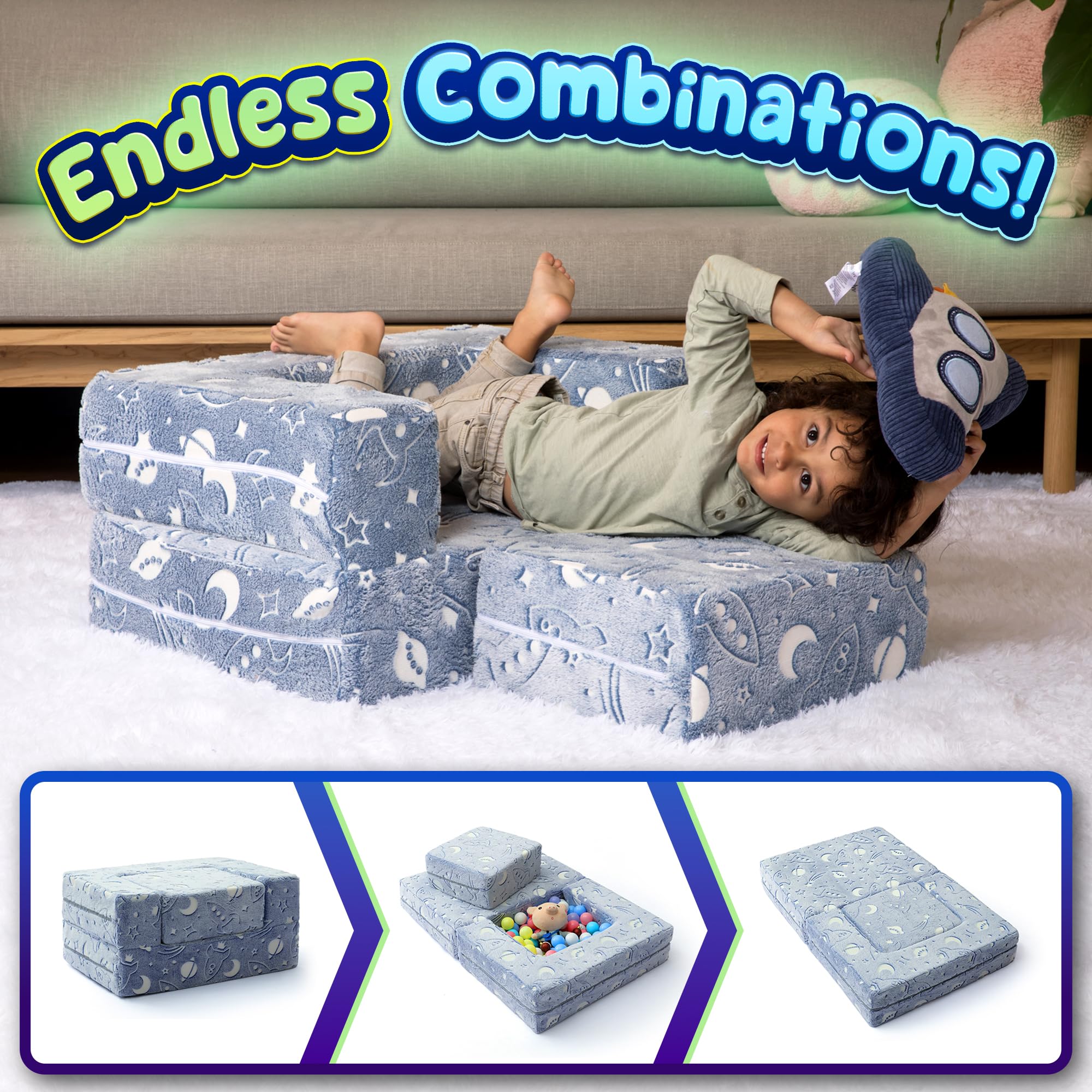 Comfy Foldable Kids Couch - Toddler Sofa Bed for Boys & Girls, Convertible Baby Couch with Storage | Perfect for Playroom, Nursery & Travel