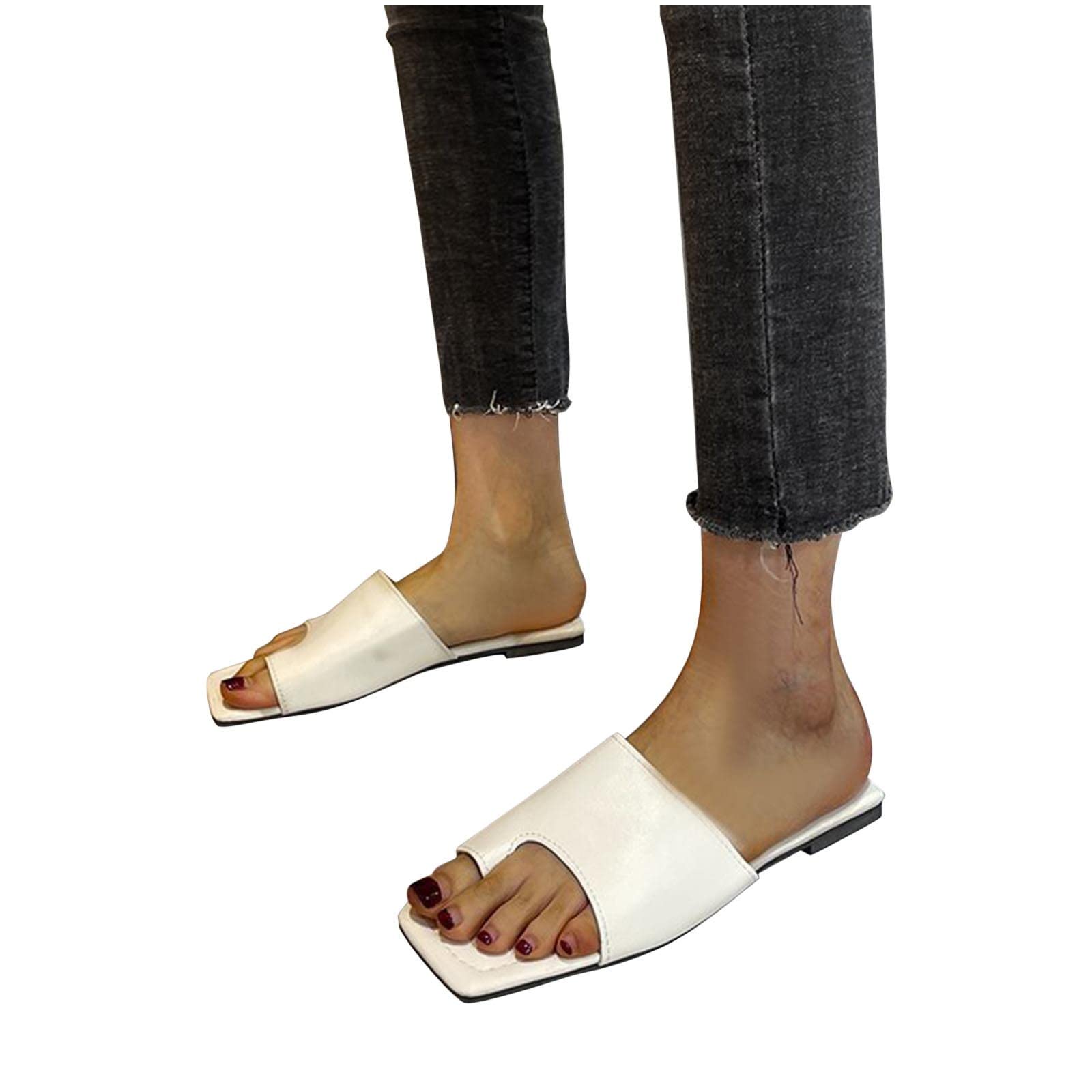 Women's Square Toe Sandals - Summer Casual Dressy Flat Shoes with Bunion Corrector & Orthopedic Support - Comfortable Toe Ring Slides for Walking, Beach & Daily Wear