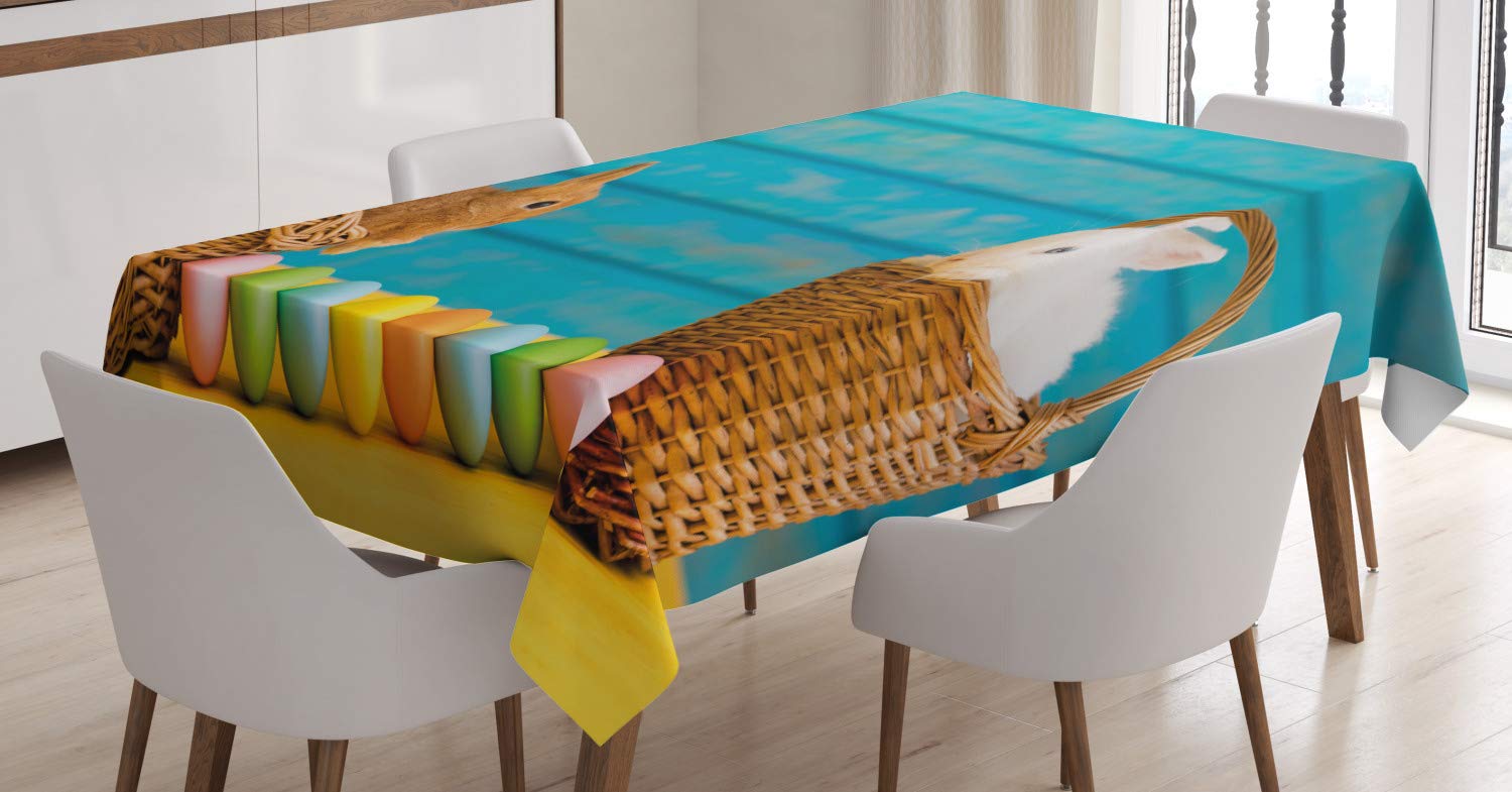 Ambesonne Easter Bunny Tablecloth - 2 Easter Rabbits with Blue Wooden Background & Pastel Dyed Eggs, 52