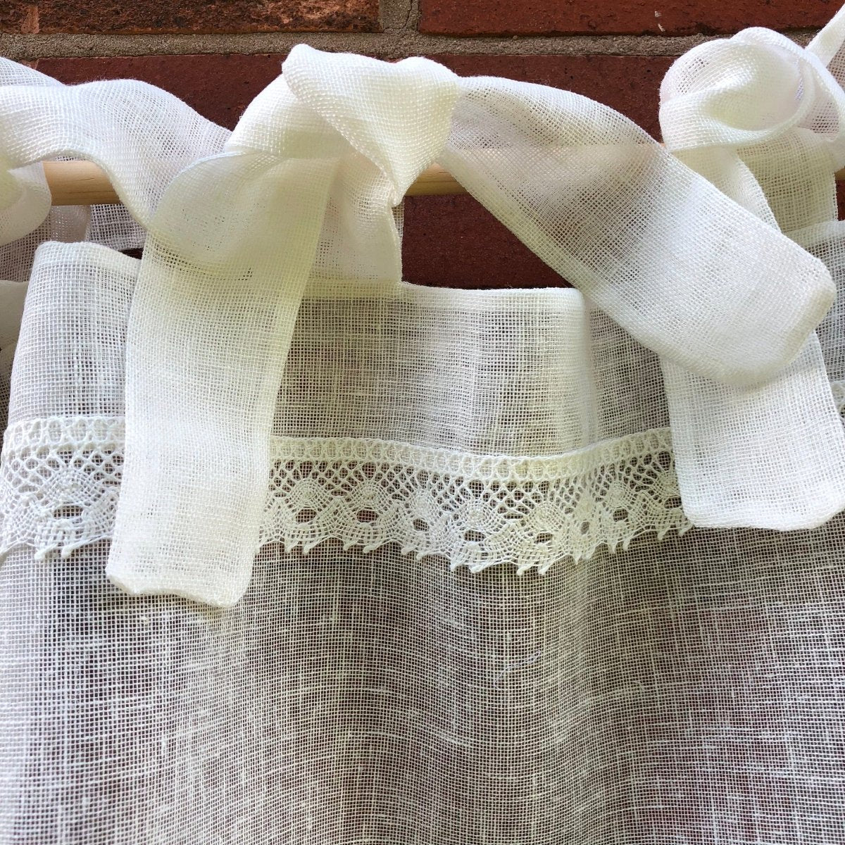 Penketh Sheer Cream Ivory Lace Kitchen Curtain with Pompoms - Elegant Window Treatment for Farmhouse, Cottage & Vintage Style Kitchens