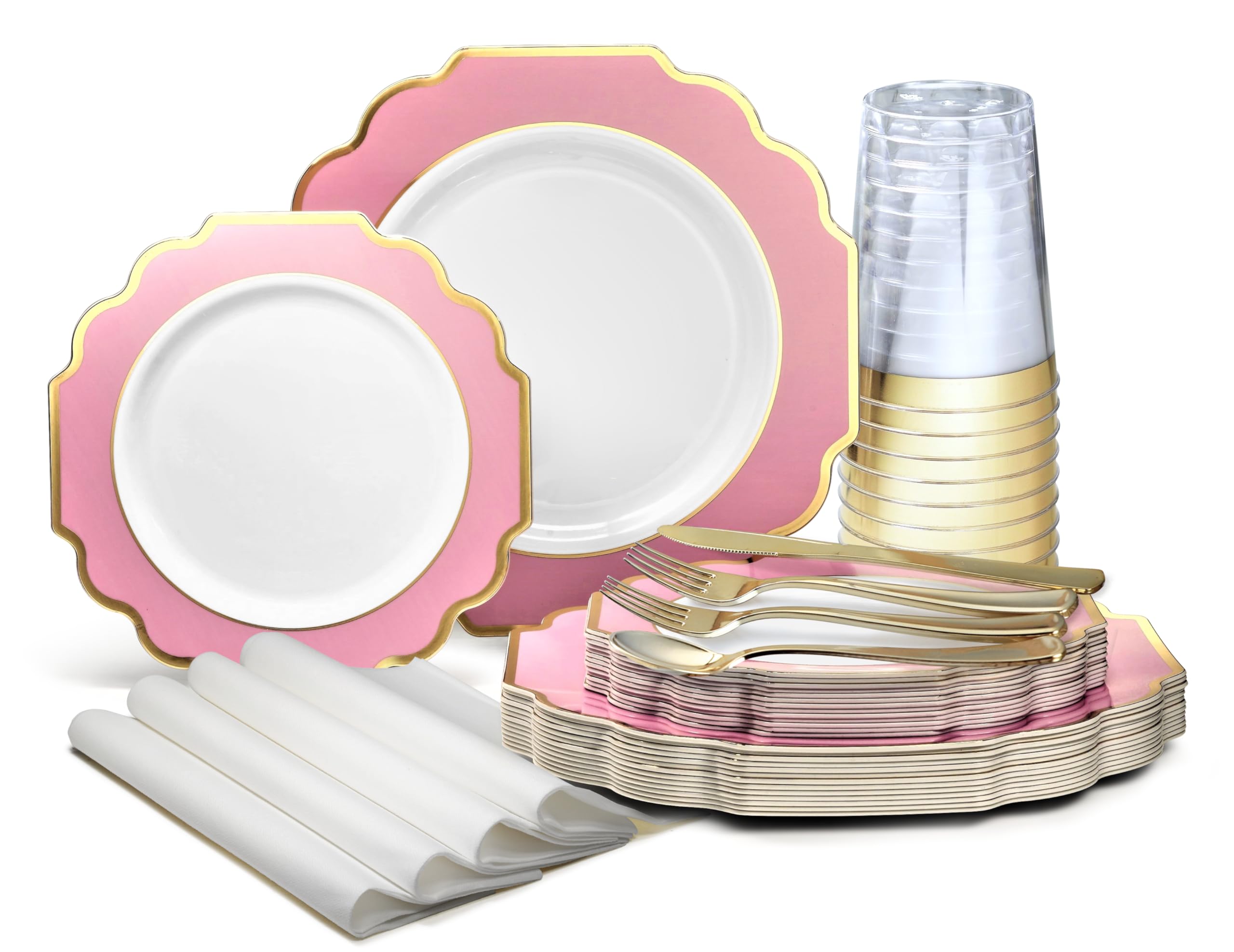 960-Piece Heavyweight Disposable Plastic Plate Set for Weddings & Parties - Includes 120 x 10.5'' Dinner Plates, 120 x 8'' Dessert Plates, Silverware, Cups & Napkins in Rose Pink & Gold - Perfect for Large Events, Bridal Showers & Catering Services