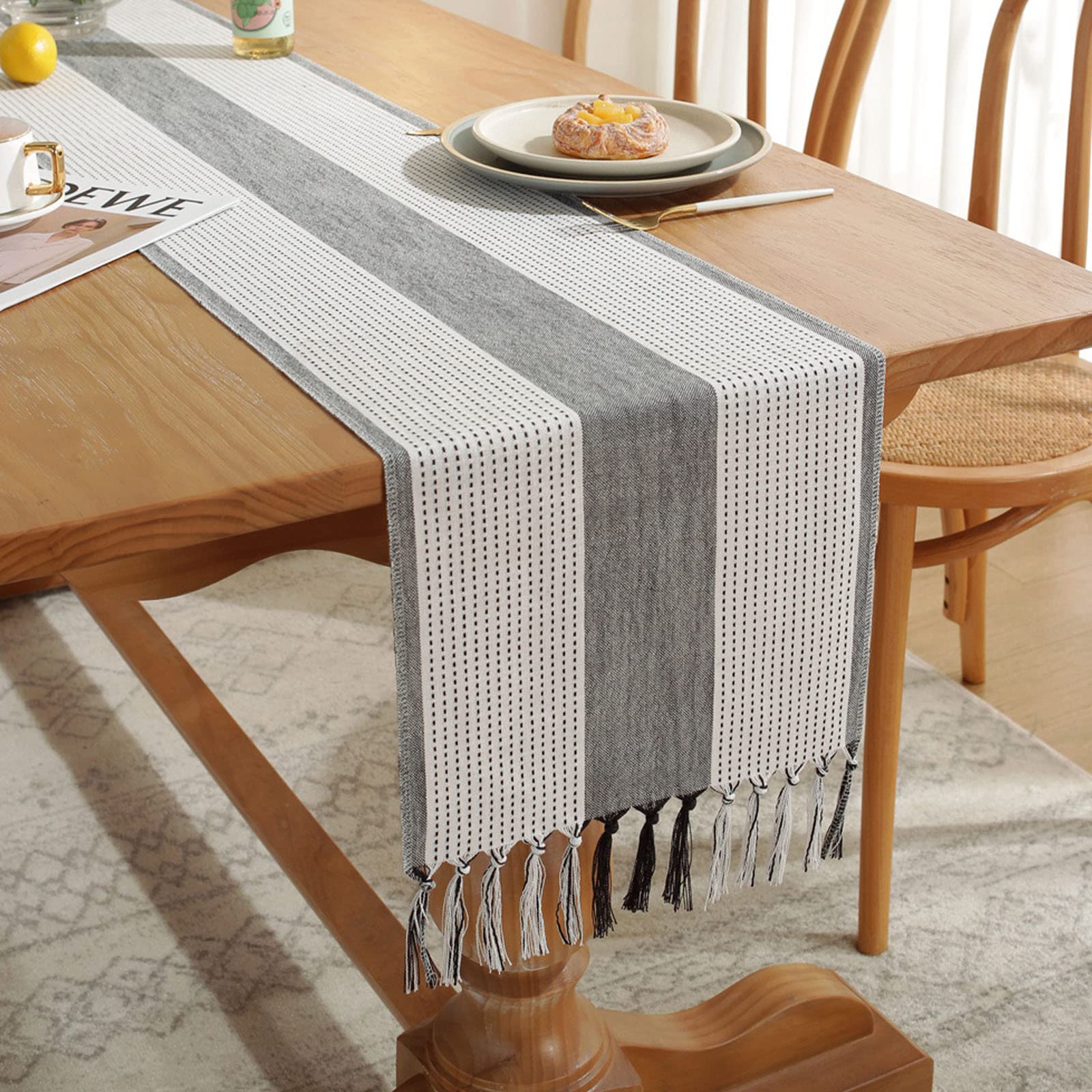 Boho Hemstitched Linen Table Runner 72 Inches Long with Tassels - Rustic Farmhouse Style Table Decor for Dining Room, Holiday Party & Dresser - 13 x 72 Inch Grey - Perfect for Wedding, Thanksgiving & Christmas Decorations