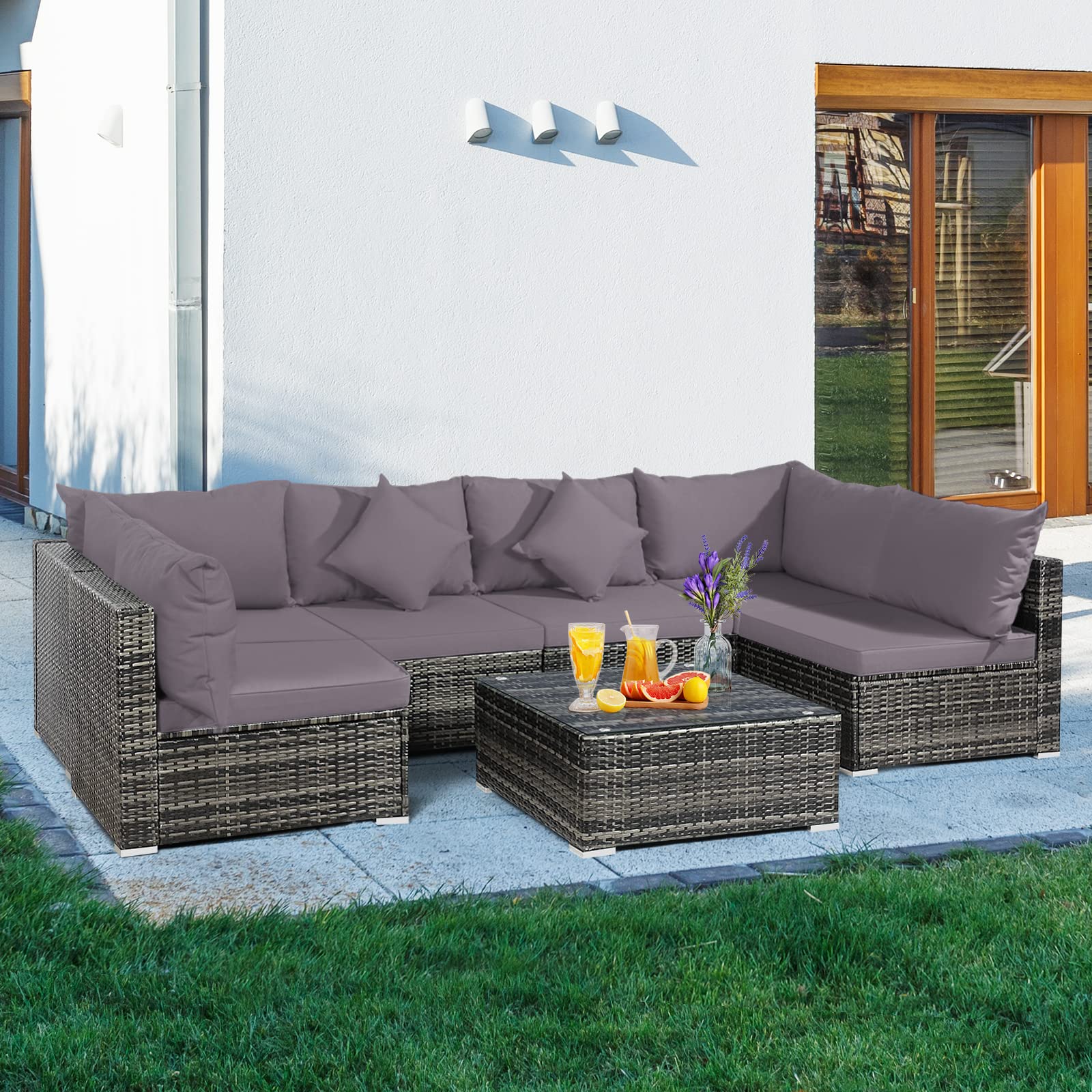 RELAX4LIFE 7-Piece Outdoor Patio Furniture Set - PE Rattan Wicker Conversation Set with Cushions & Glass Coffee Table - Durable Garden, Lawn, Balcony, Poolside Sofa Set - Perfect for Front Porch, Backyard & Outdoor Entertaining (Grey)
