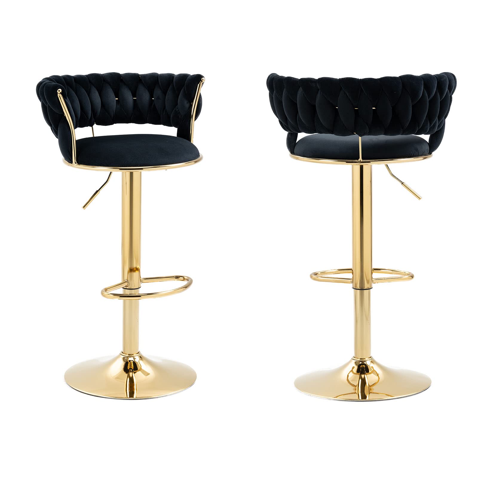 Velvet Bar Stool Set of 2 - Adjustable Swivel Bar Chairs with Golden Footrest, Counter Height Stools for Pub, Kitchen, Café & Dining Room - Black Velvet Bar Stools Perfect for Home Bars, Breakfast Nooks & Small Spaces
