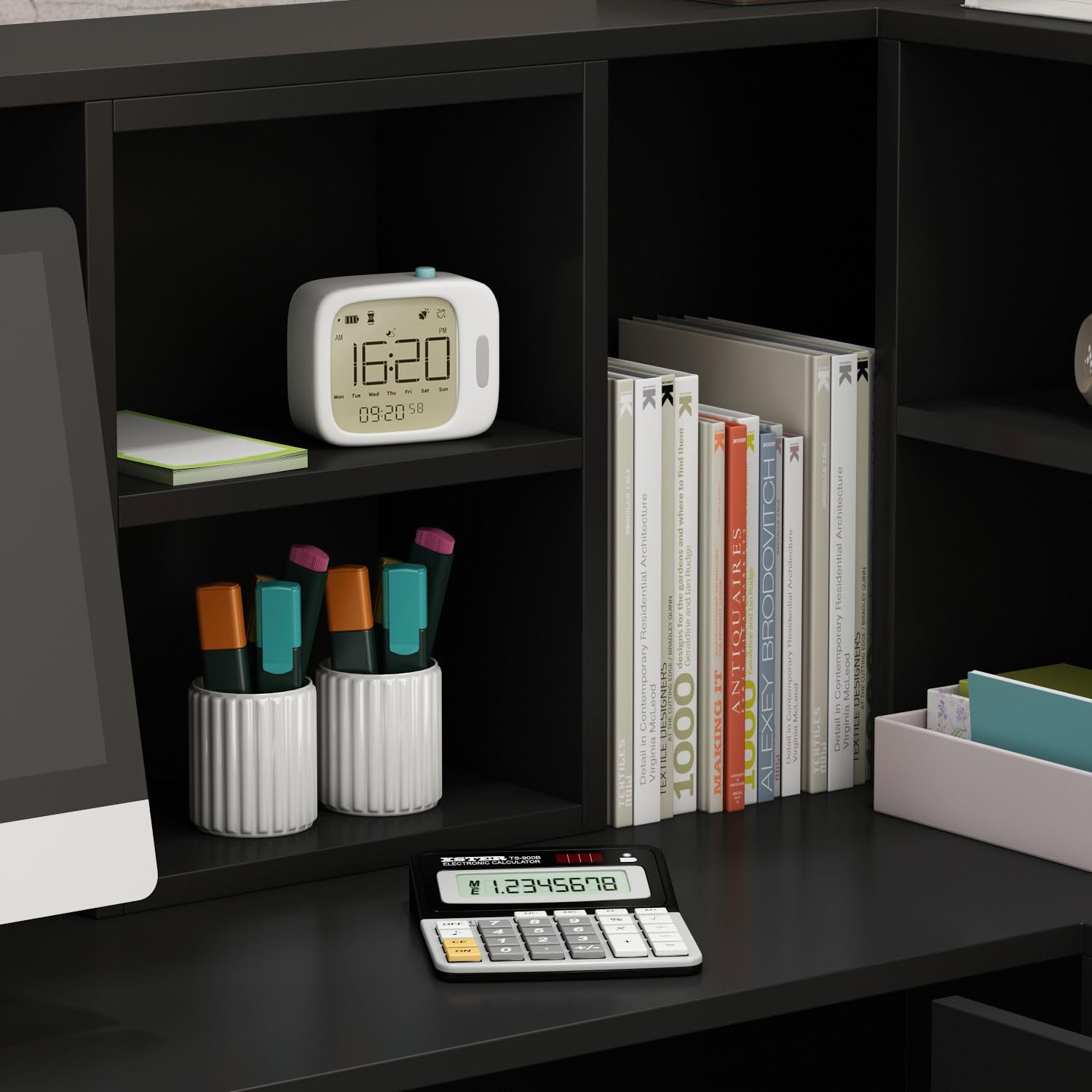 MOUMON L-Shaped Reception Desk with Storage, Keyboard Tray & Shelves - 55.9