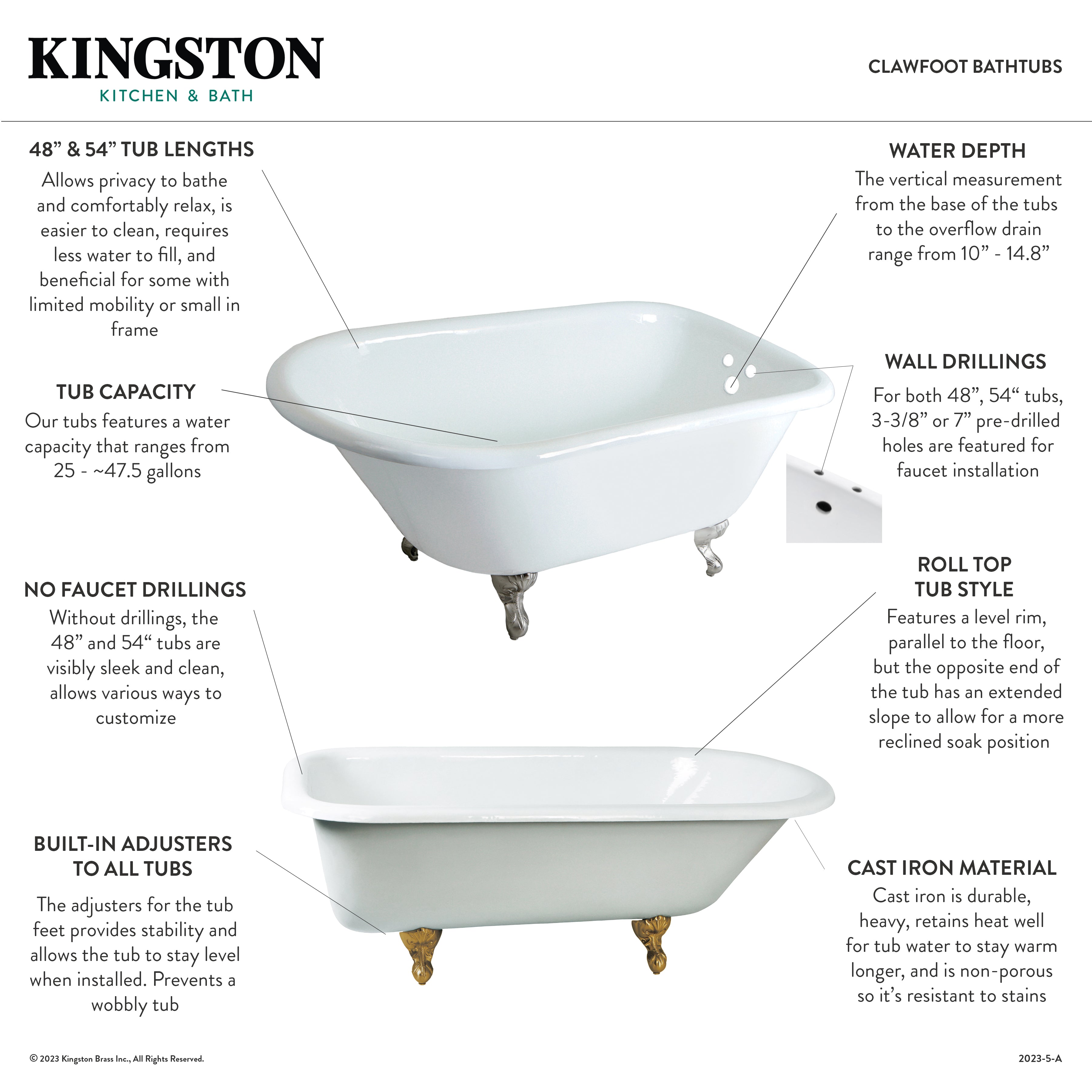 54 Inch White Oval Clawfoot Tub with Brushed Brass Roll Top - Cast Iron Freestanding Bathtub for Vintage & Modern Bathrooms (3 3/8 Inch Wall Drillings) | Perfect for Spa Retreats, Master Bathrooms & Luxury Home Renovations