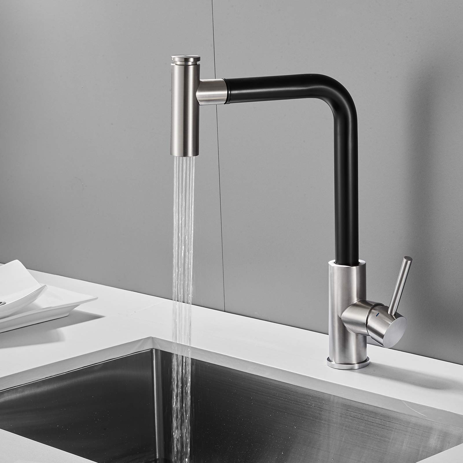 OUGOO Single Handle Pull Out Kitchen Faucet with Brushed Nickel Finish, Stainless Steel Sink Faucet with Pull Down Sprayer for Modern Home Kitchens